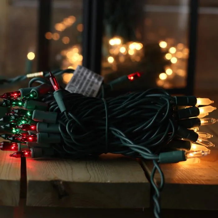 100-bulb Red Green Clear Frost Mini Lights, 6" Spacing, Green Wire