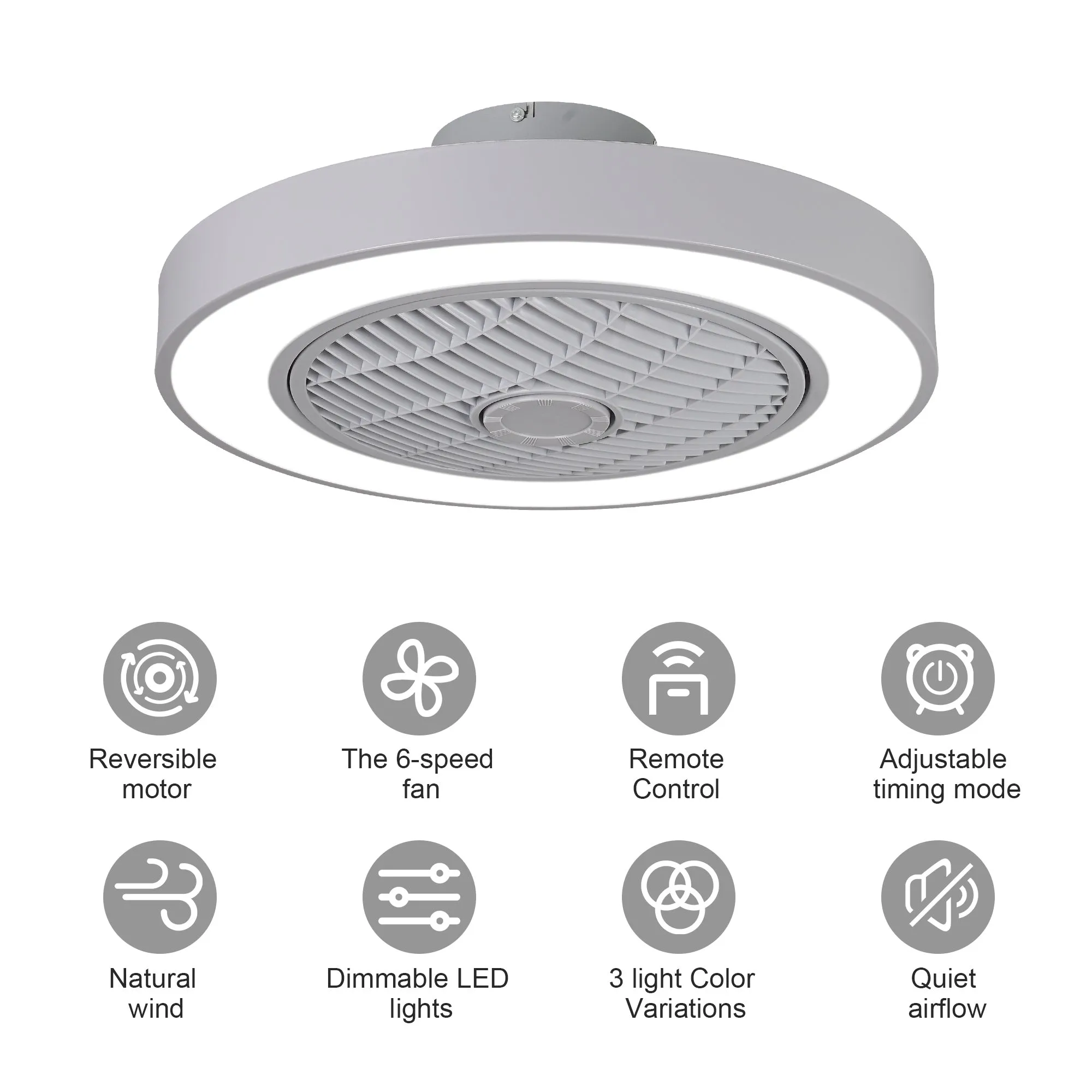 20 Inch Enclosed Bladeless Ceiling Fan With Lights(Grey)