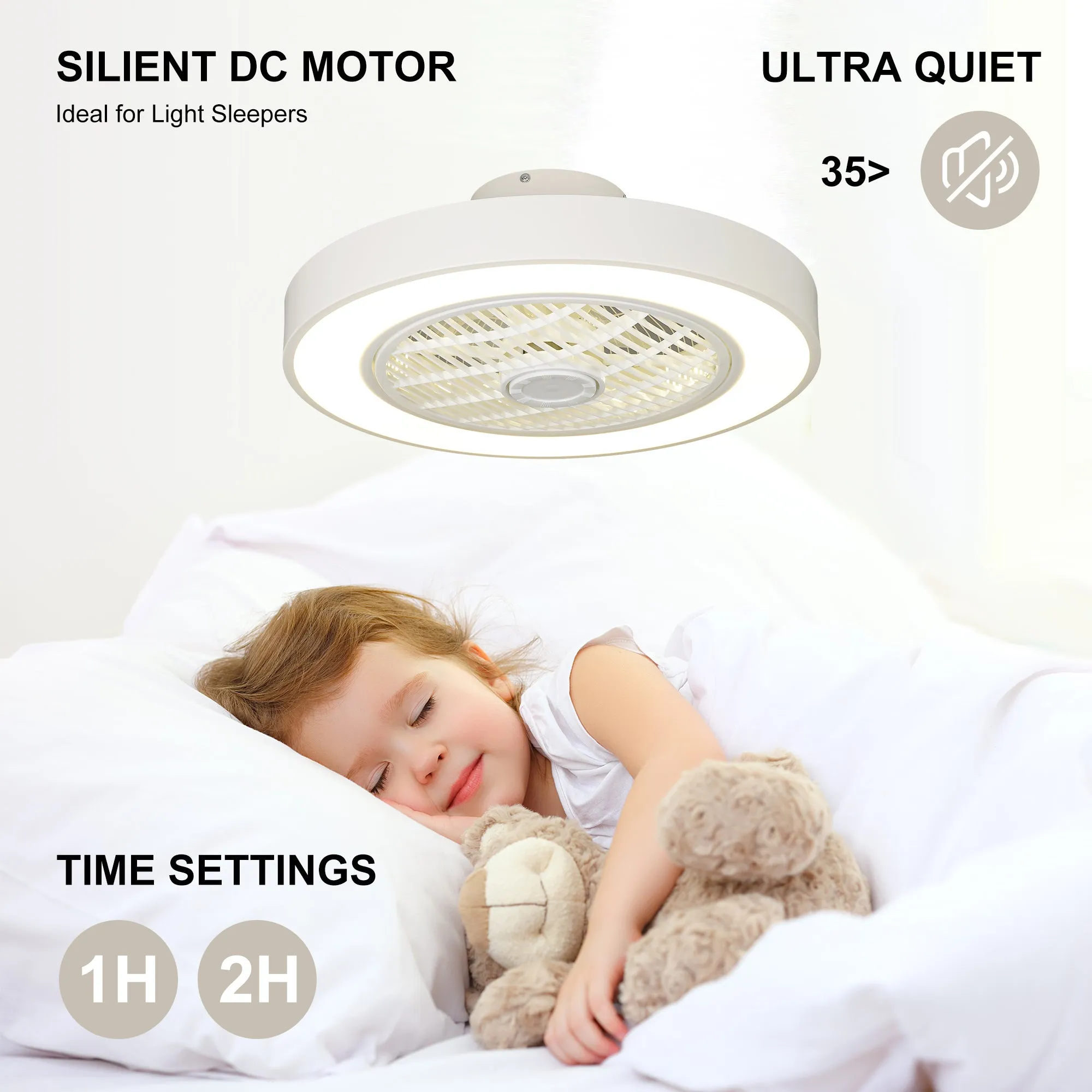 20 Inch Enclosed Bladeless Ceiling Fan With Lights(White)