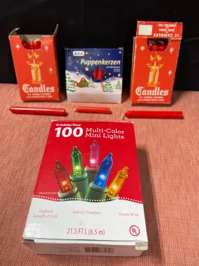 3 Boxes of Red Miniature Candles and (100) String of Milti-Color Electric Lights
