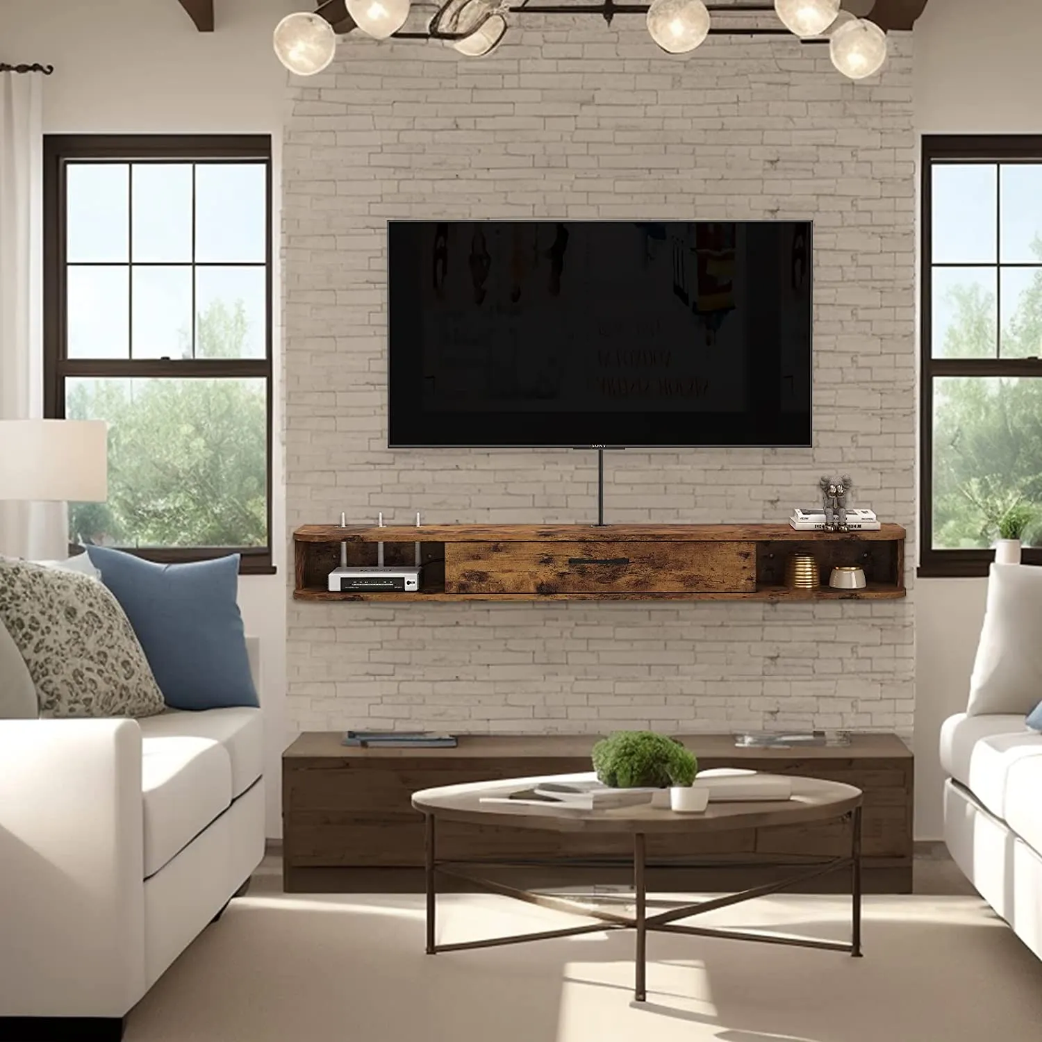 78.74" Eclan Rustic Brown Floating TV Stand