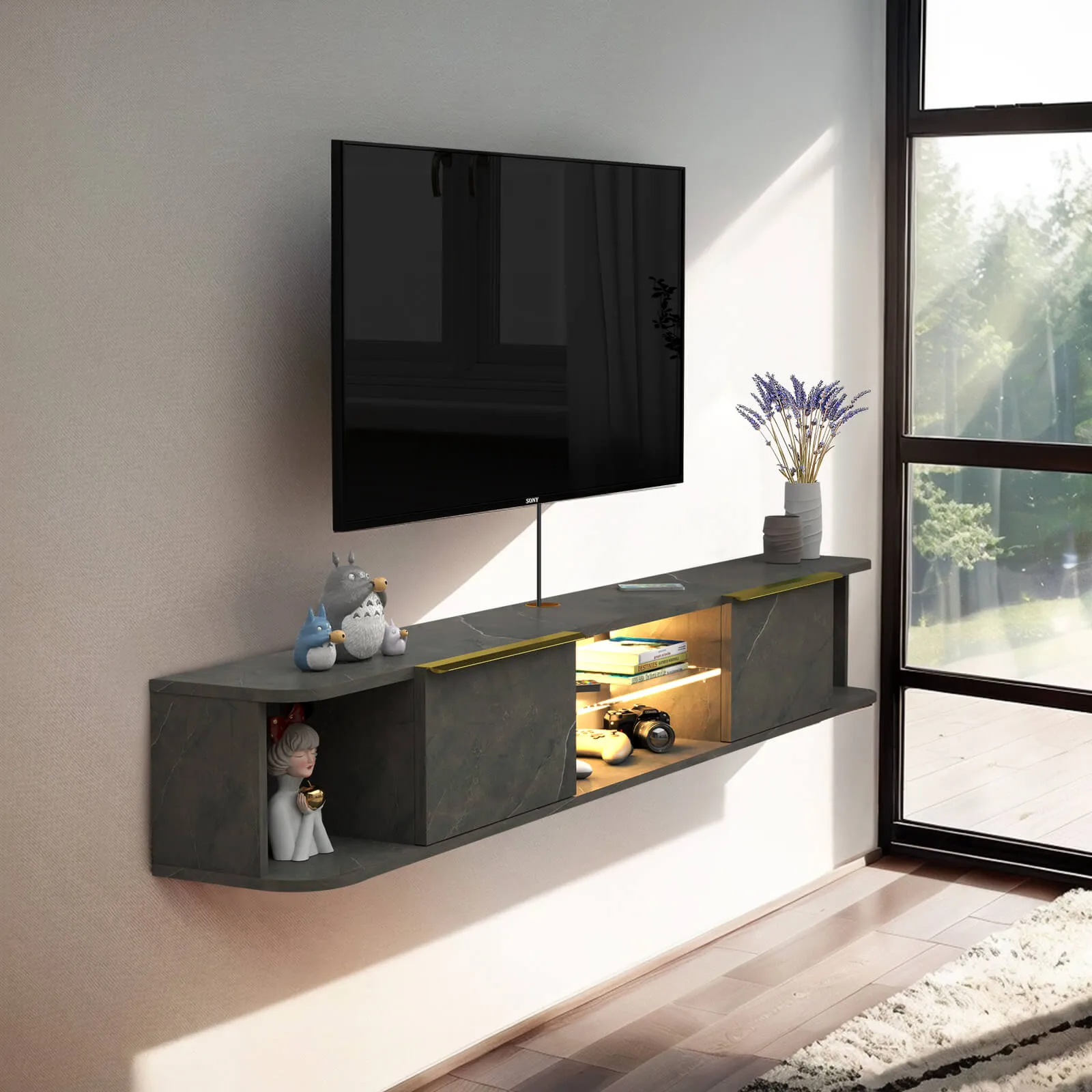 78" Arrangio LED Floating TV Stand, Marble Grey