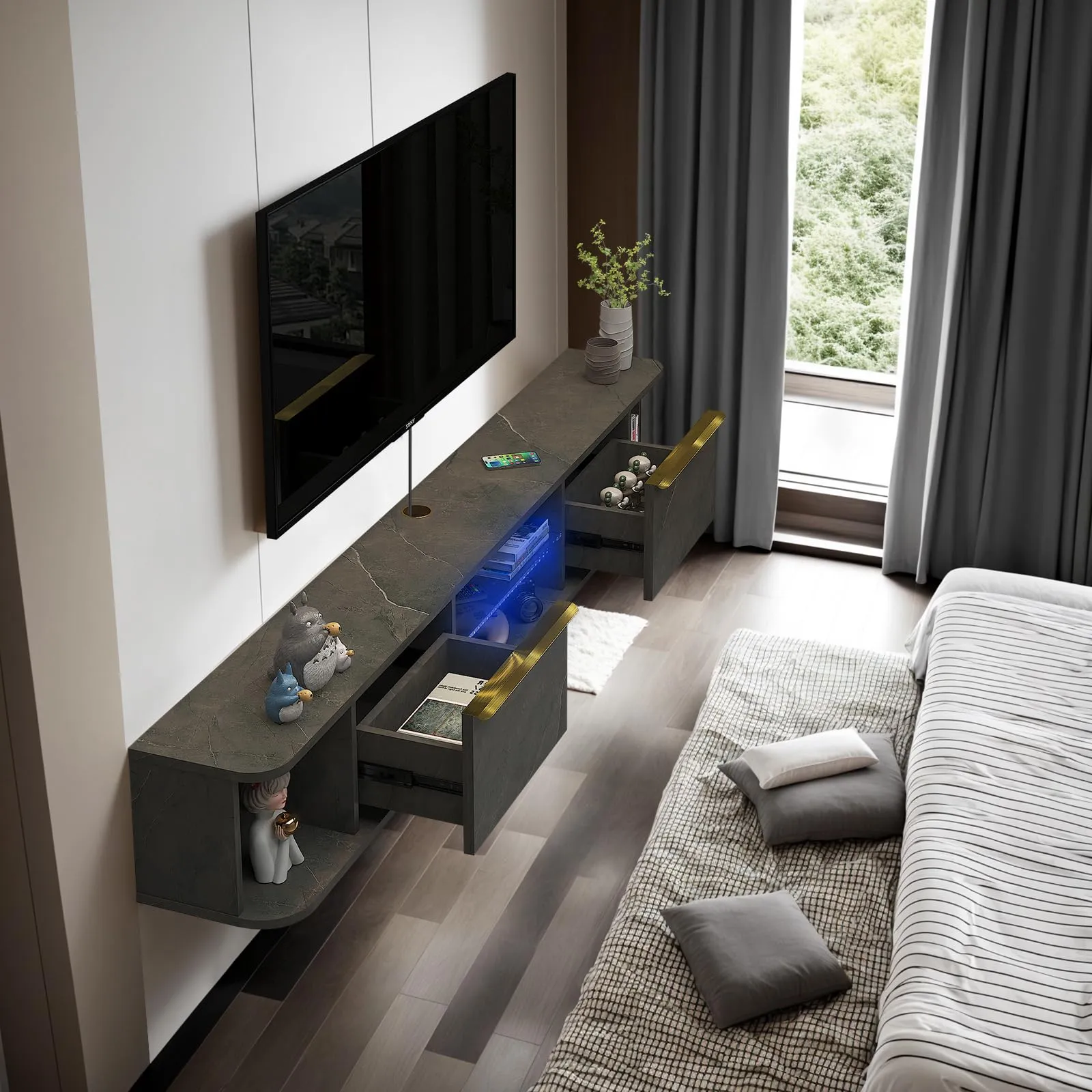 78" Arrangio LED Floating TV Stand, Marble Grey