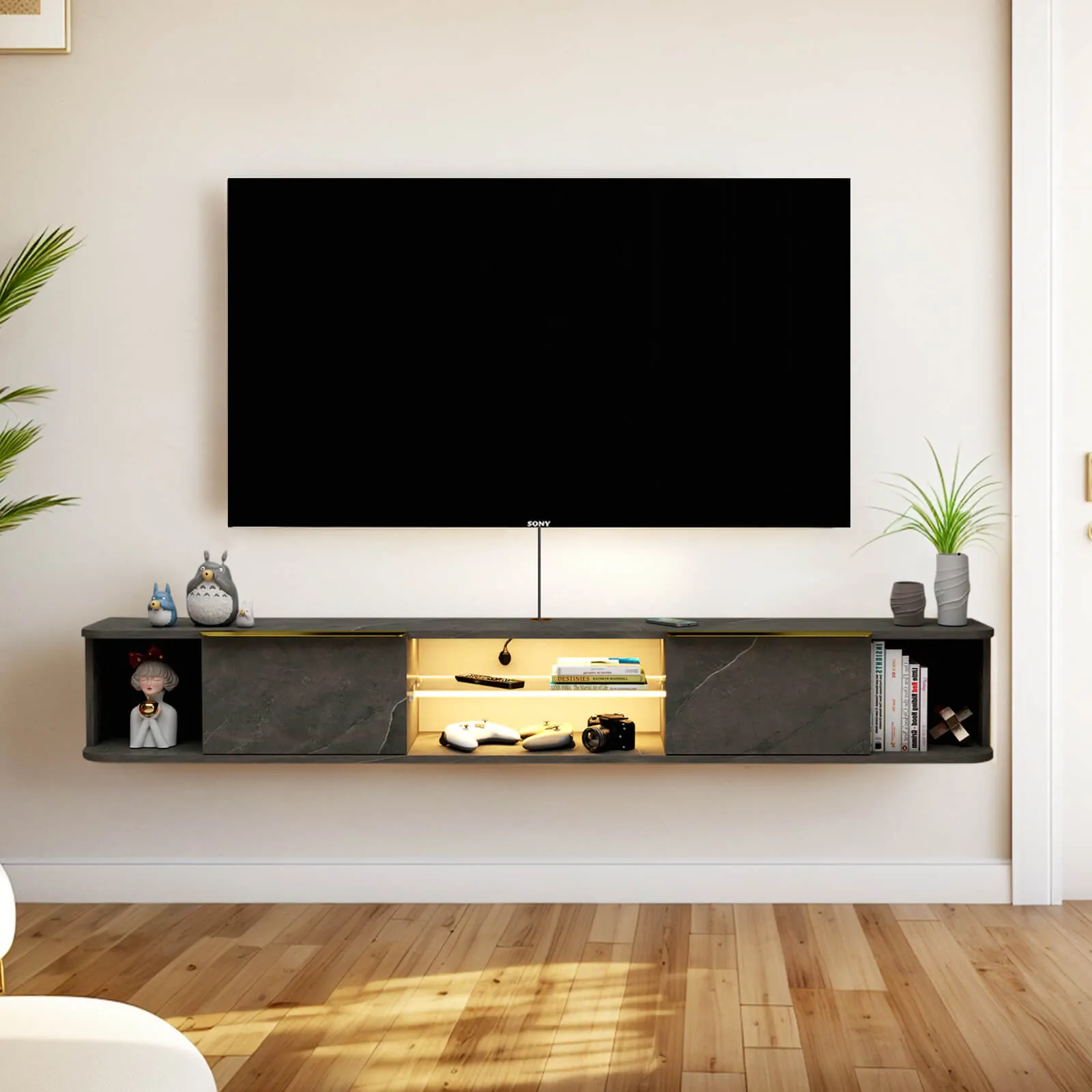 78" Arrangio LED Floating TV Stand, Marble Grey