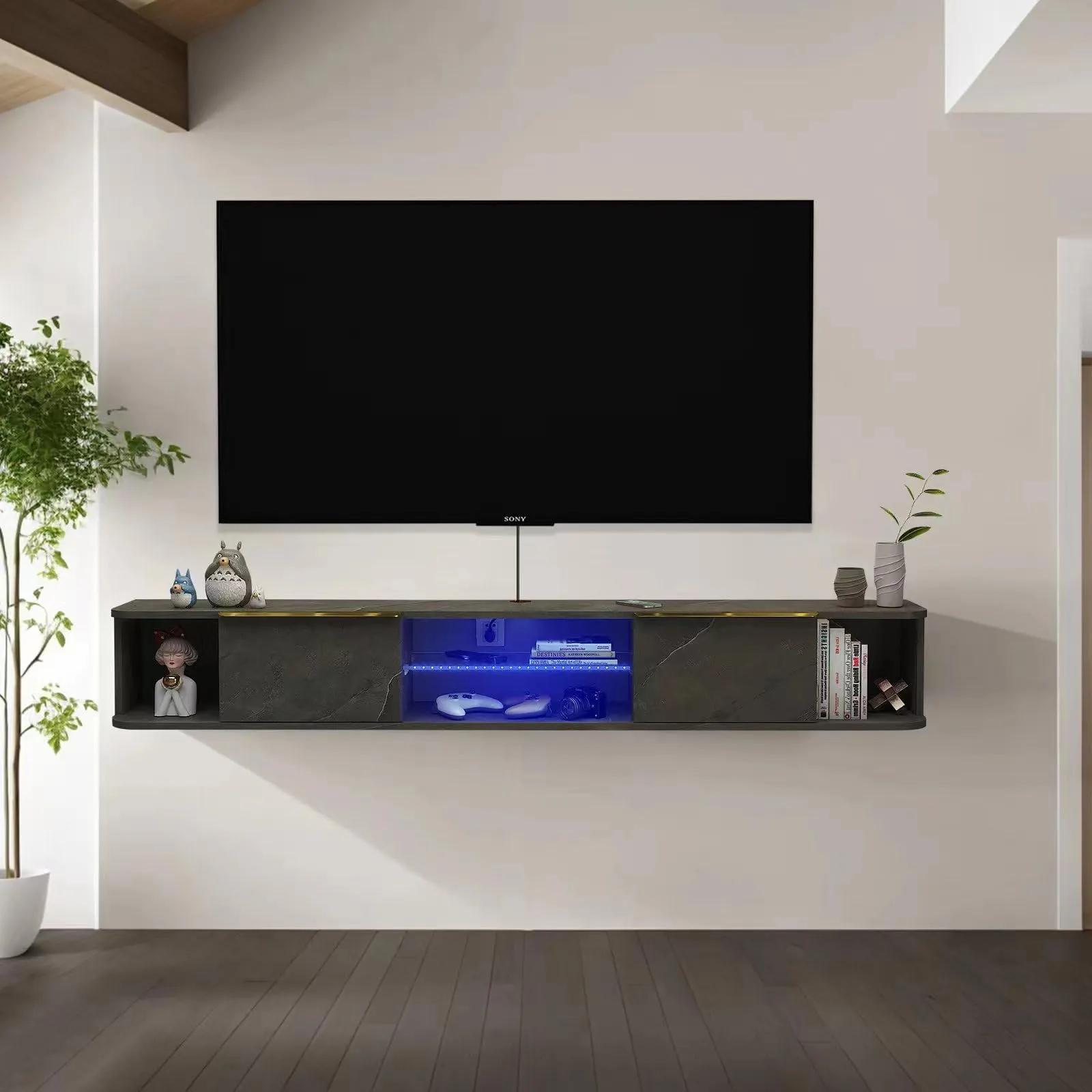 78" Arrangio LED Floating TV Stand, Marble Grey
