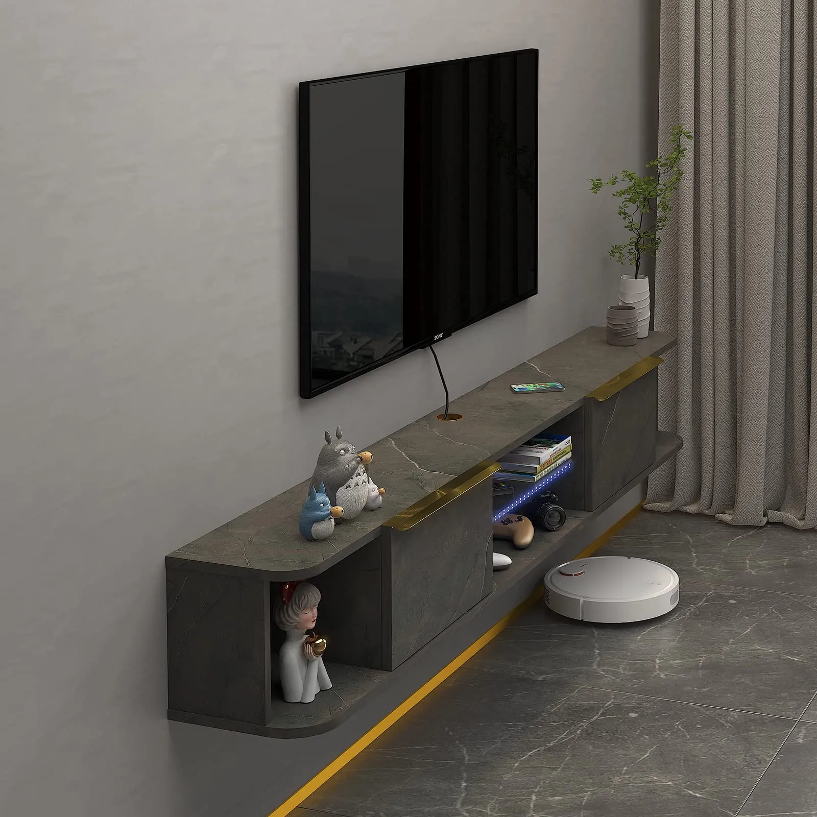 78" Arrangio LED Floating TV Stand, Marble Grey