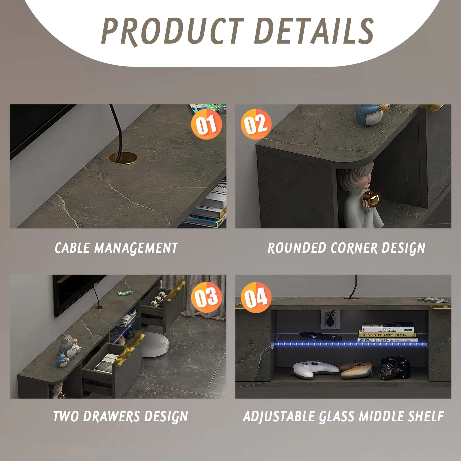 78" Arrangio LED Floating TV Stand, Marble Grey