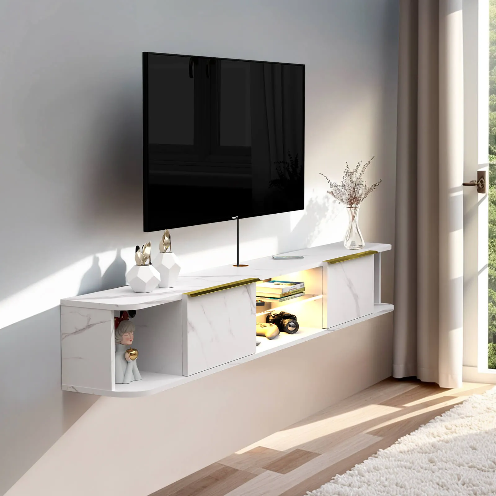 78" Arrangio LED Floating TV Stand, Marble White