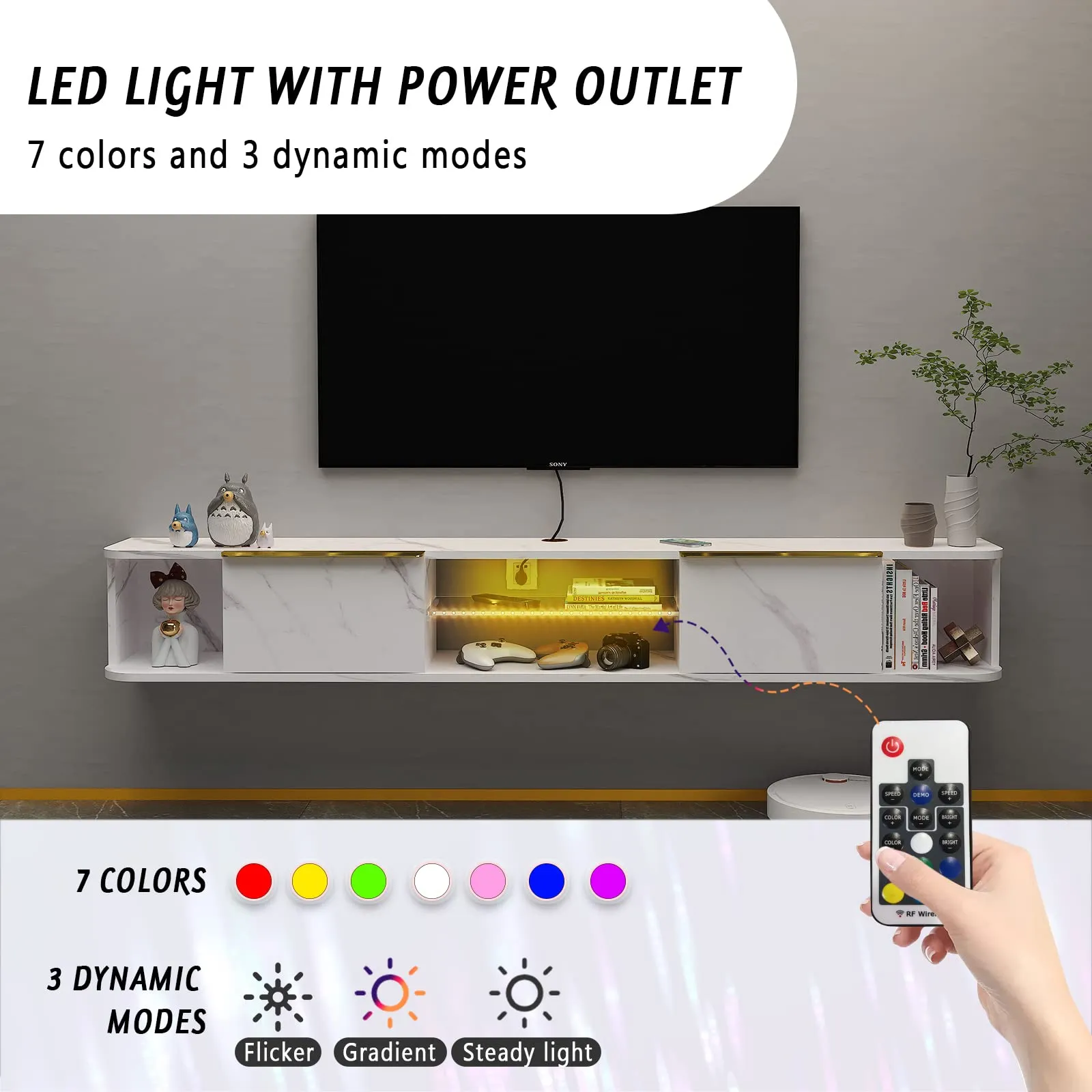 78" Arrangio LED Floating TV Stand, Marble White