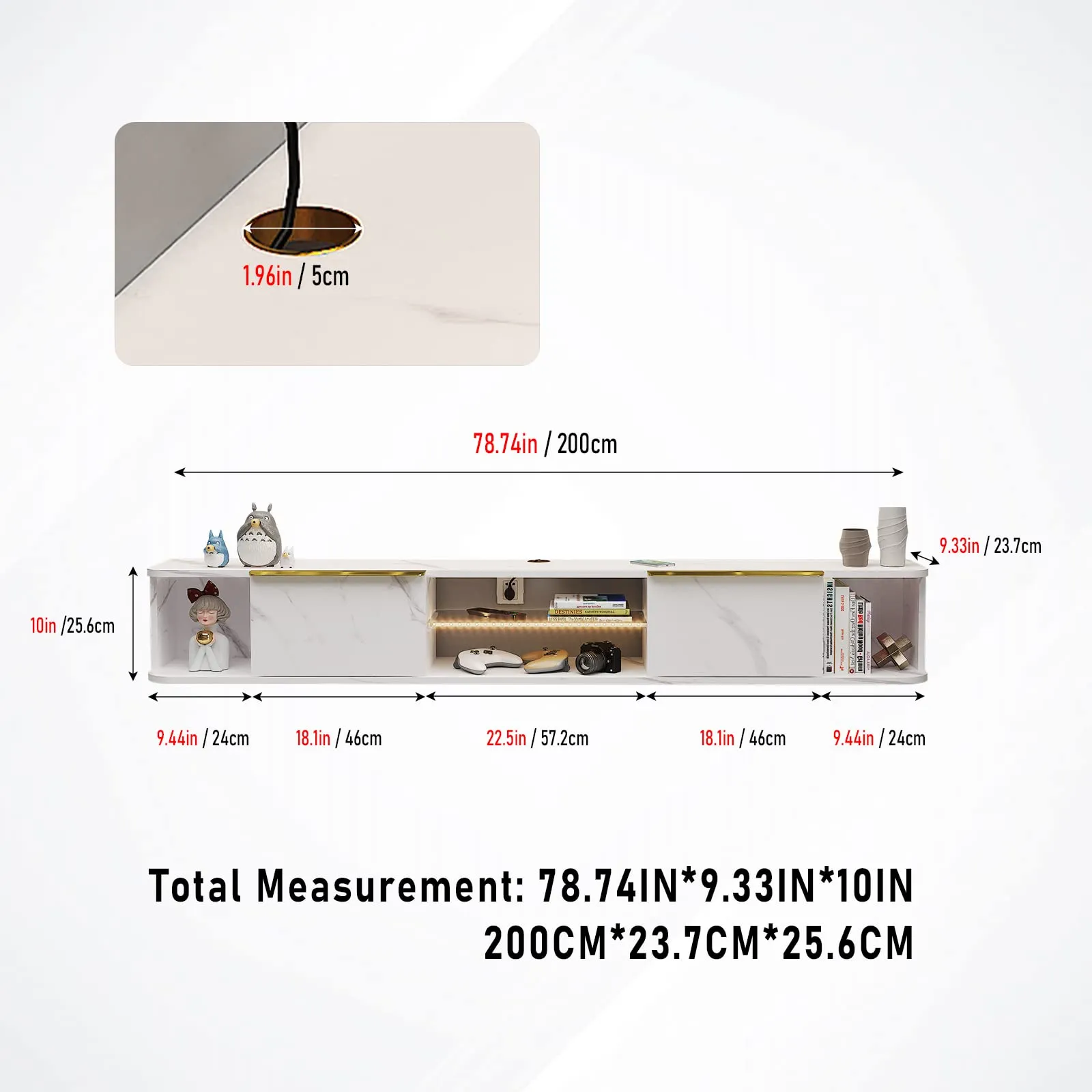 78" Arrangio LED Floating TV Stand, Marble White