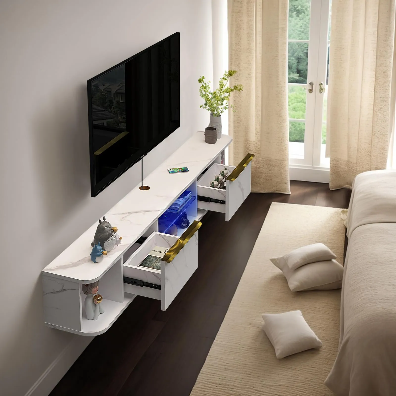 78" Arrangio LED Floating TV Stand, Marble White