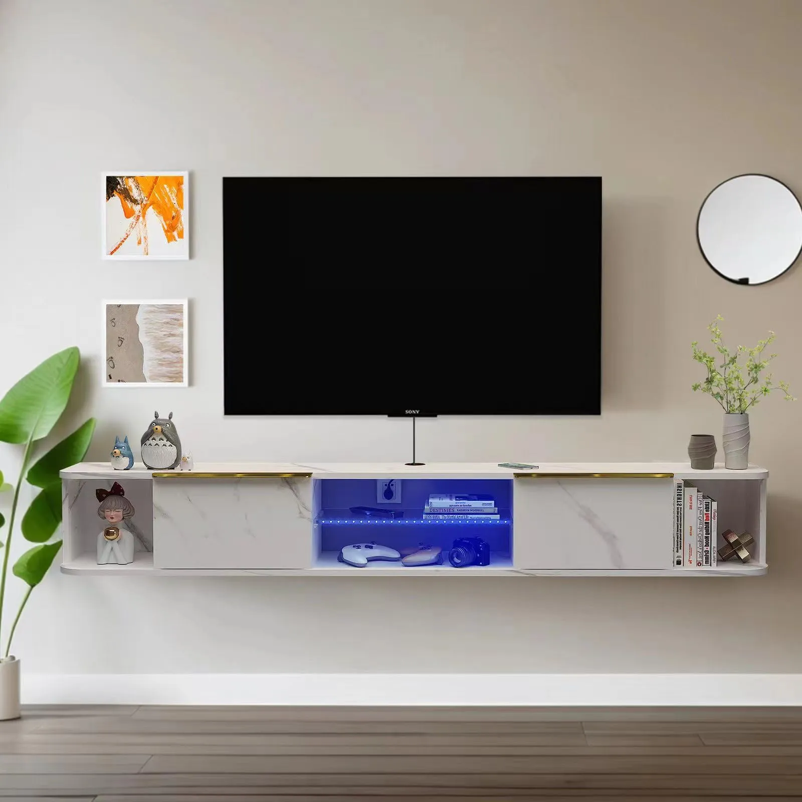 78" Arrangio LED Floating TV Stand, Marble White