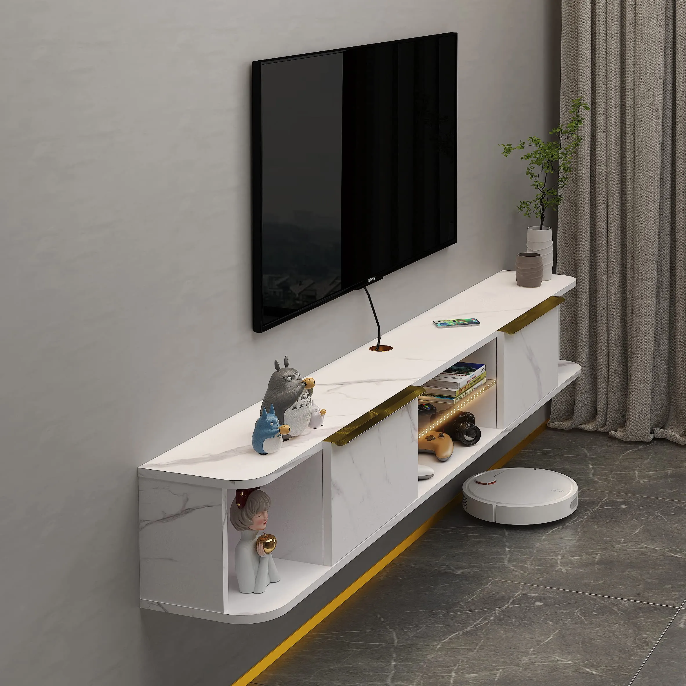 78" Arrangio LED Floating TV Stand, Marble White