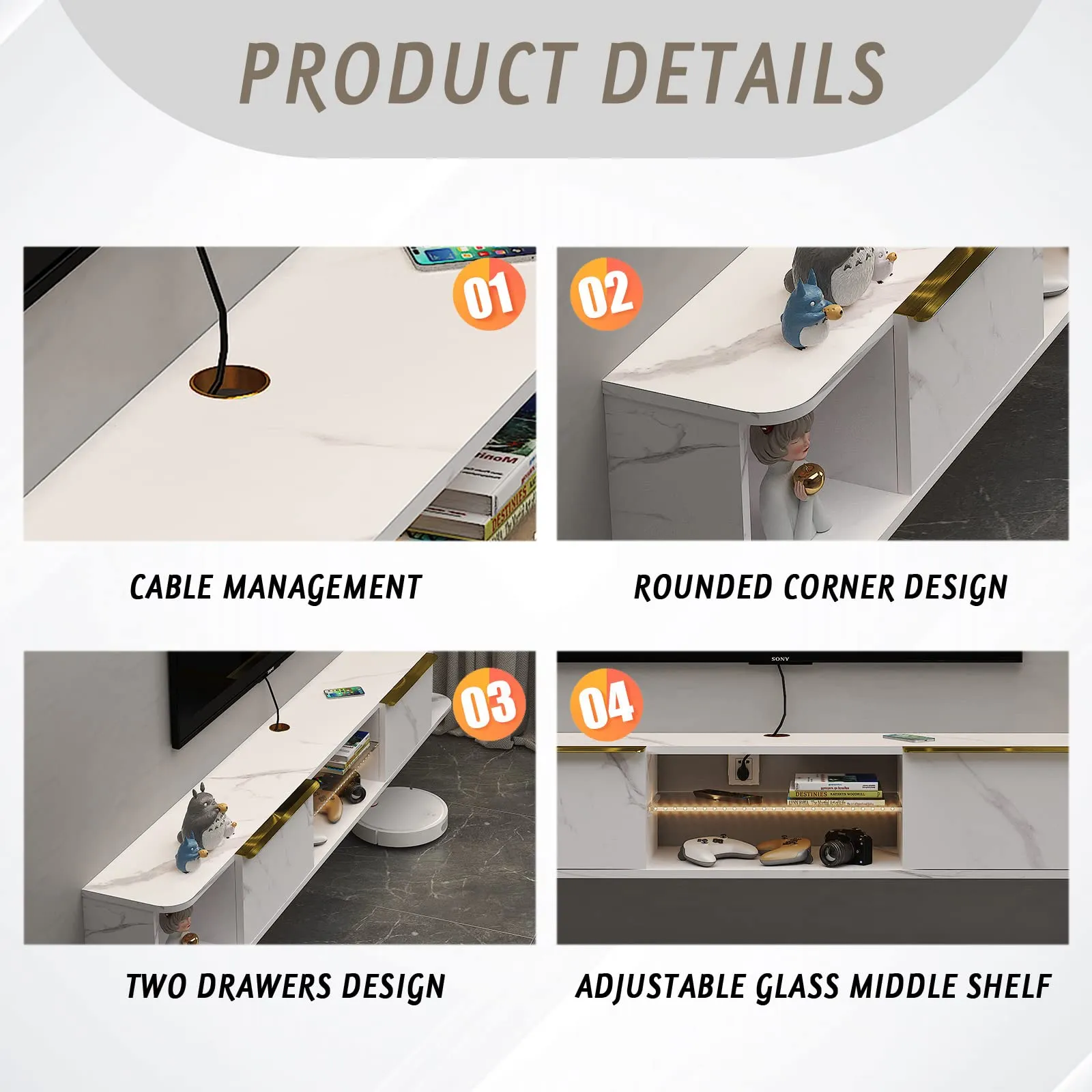 78" Arrangio LED Floating TV Stand, Marble White