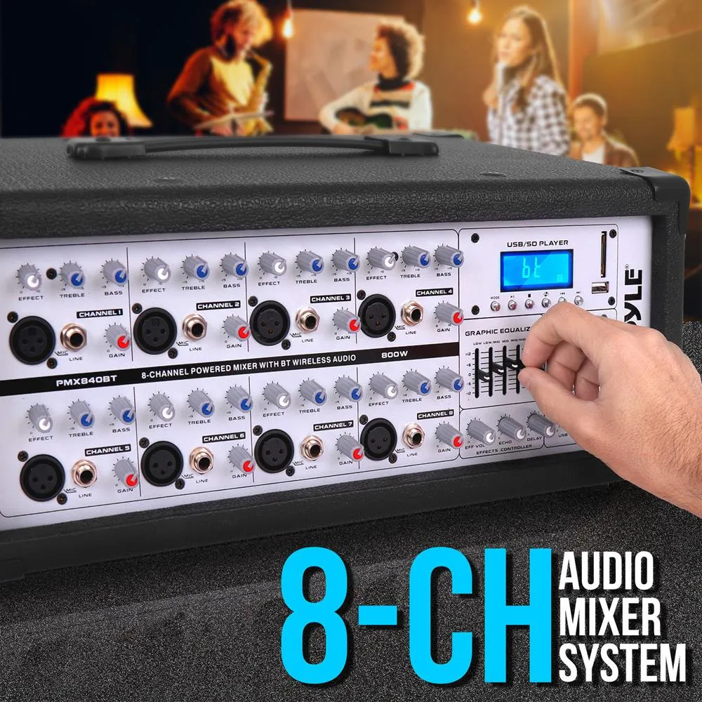 8-Channel Bluetooth Stage Powered Mixer - Pro Audio Sound Mixer, Mp3/Usb/Sd Readers, Aux(3.5Mm) Input, Digital Lcd Display (800 Watt)