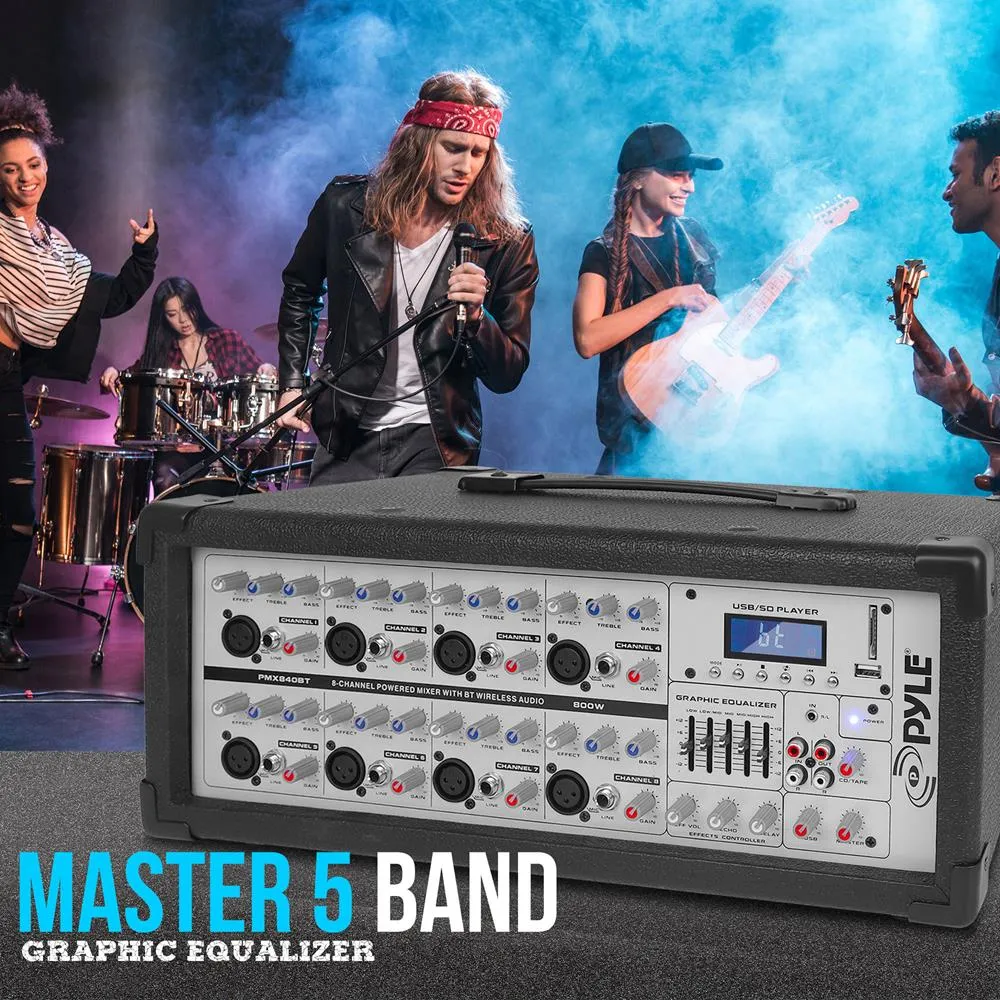 8-Channel Bluetooth Stage Powered Mixer - Pro Audio Sound Mixer, Mp3/Usb/Sd Readers, Aux(3.5Mm) Input, Digital Lcd Display (800 Watt)