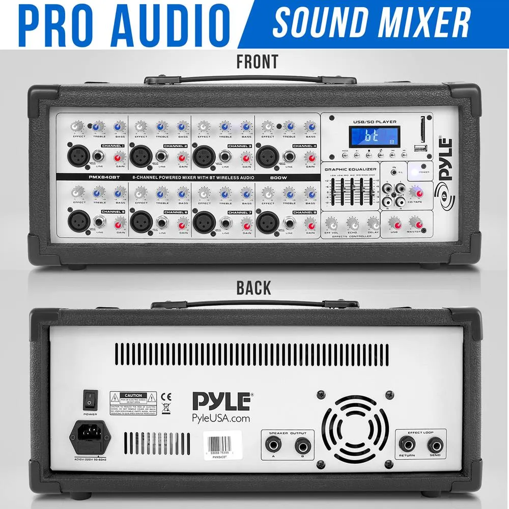 8-Channel Bluetooth Stage Powered Mixer - Pro Audio Sound Mixer, Mp3/Usb/Sd Readers, Aux(3.5Mm) Input, Digital Lcd Display (800 Watt)
