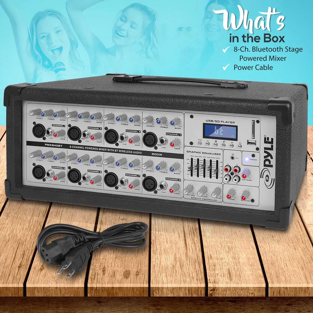 8-Channel Bluetooth Stage Powered Mixer - Pro Audio Sound Mixer, Mp3/Usb/Sd Readers, Aux(3.5Mm) Input, Digital Lcd Display (800 Watt)
