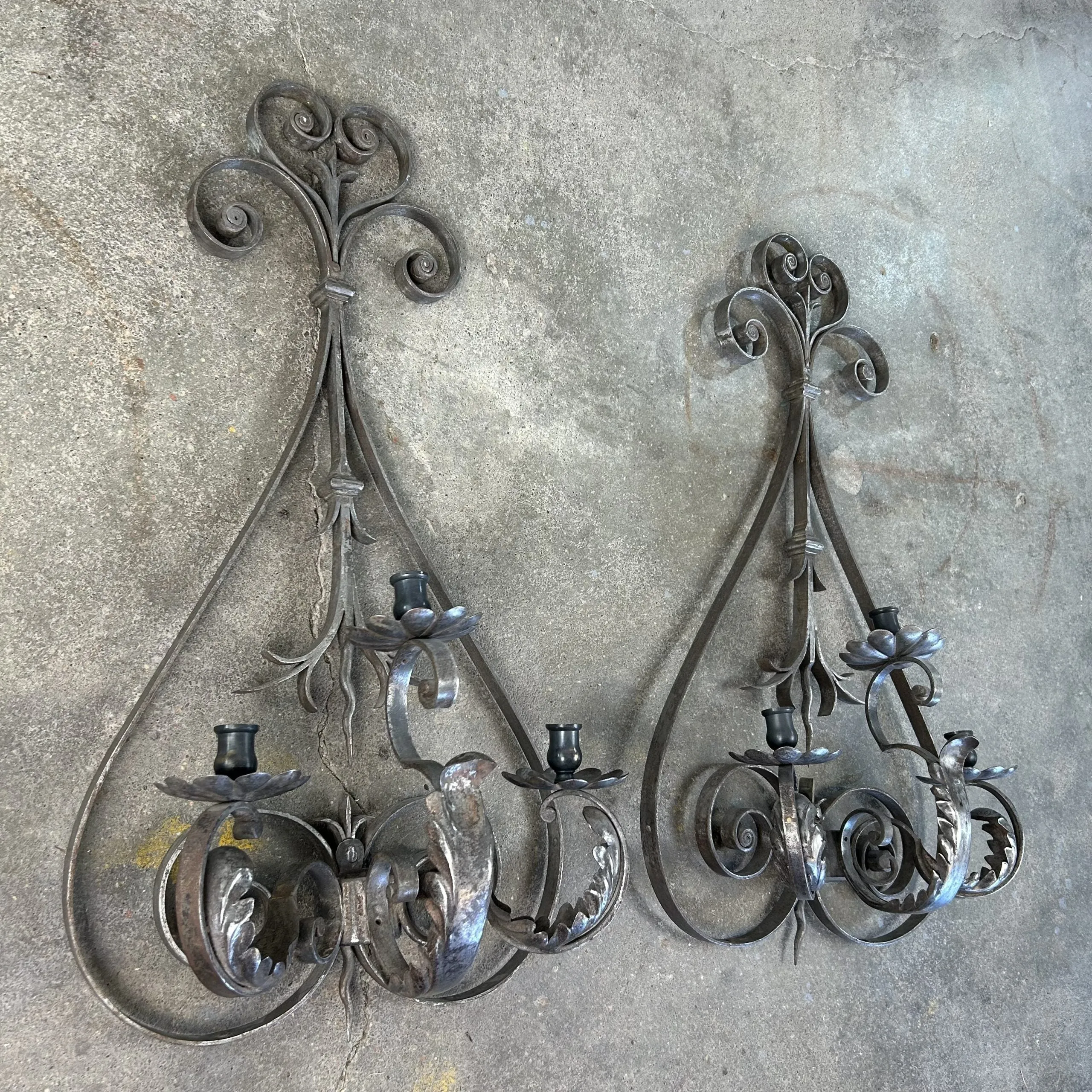 Candle Holders, Wall Mount, Iron, Pewter Finish, Ornate, Sold as a Pair