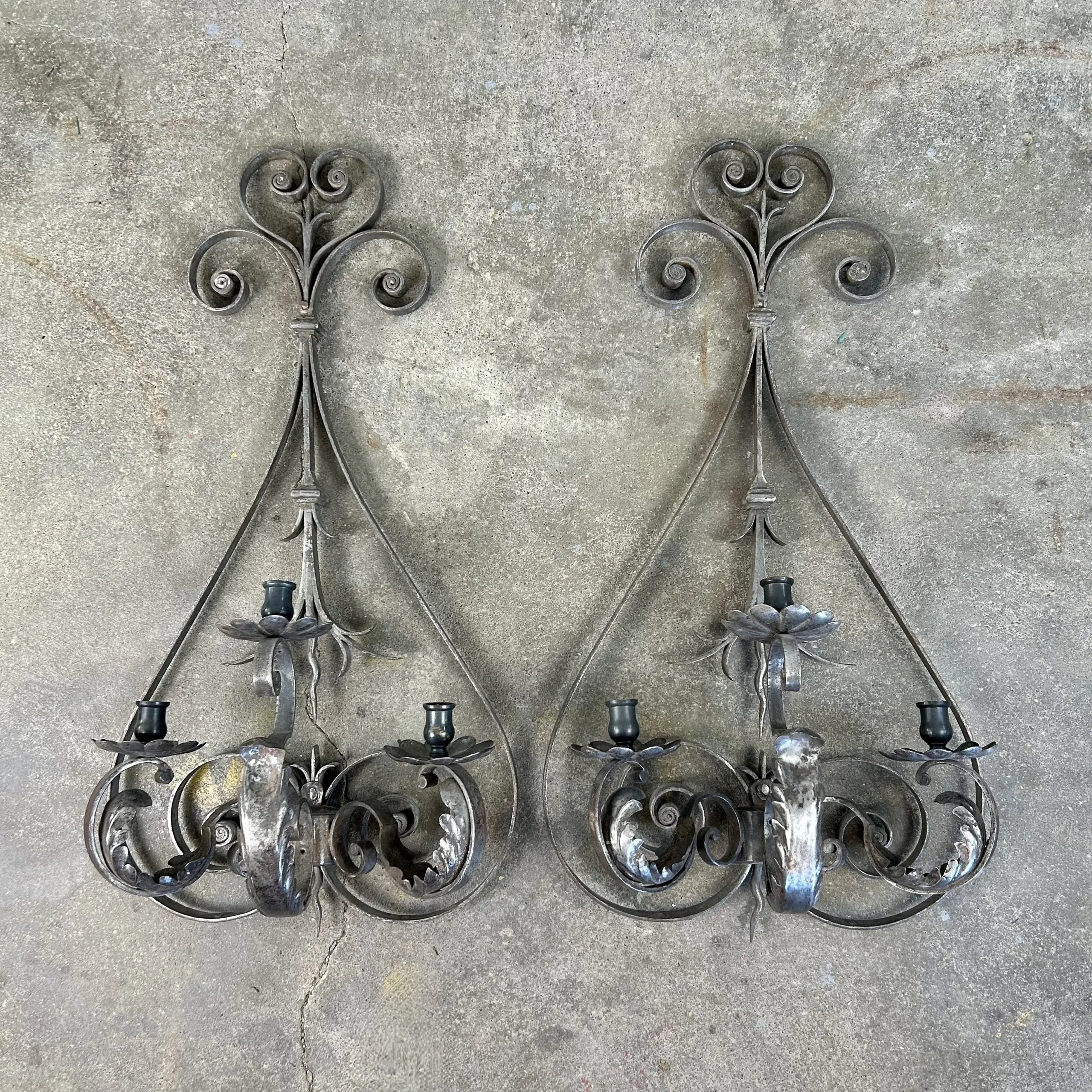 Candle Holders, Wall Mount, Iron, Pewter Finish, Ornate, Sold as a Pair