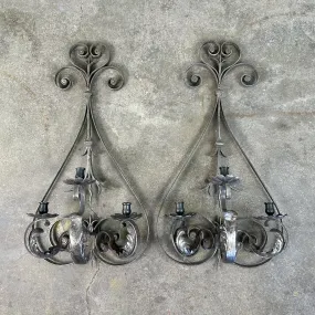 Candle Holders, Wall Mount, Iron, Pewter Finish, Ornate, Sold as a Pair