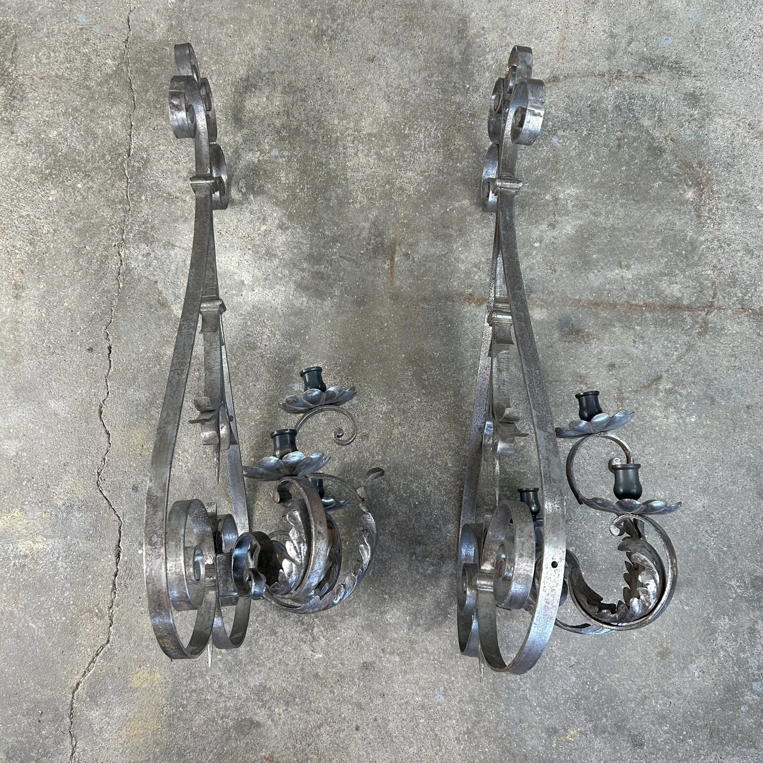Candle Holders, Wall Mount, Iron, Pewter Finish, Ornate, Sold as a Pair