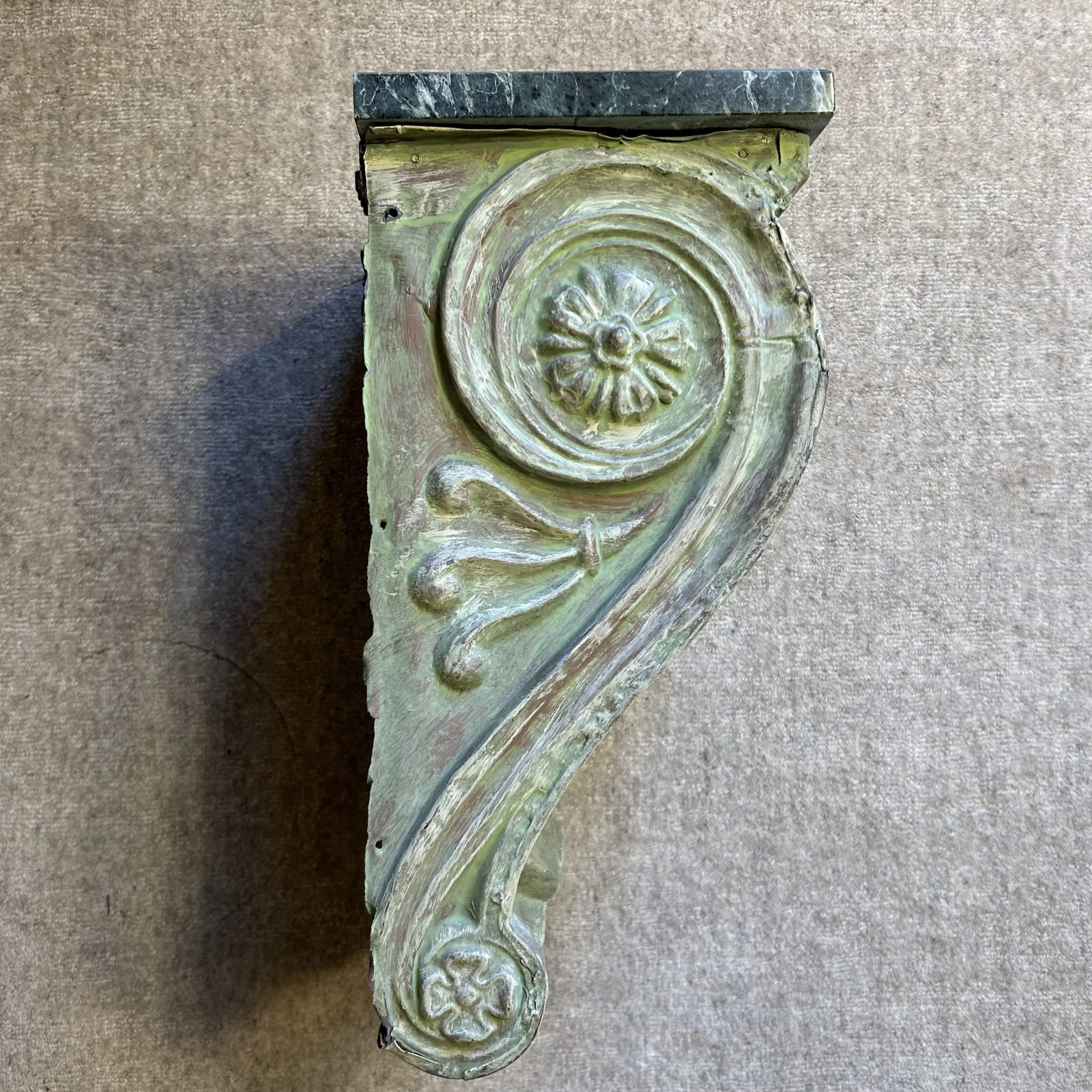 Corbel, Green Stamped Metal with Green Marble Top, Wood Back Frame