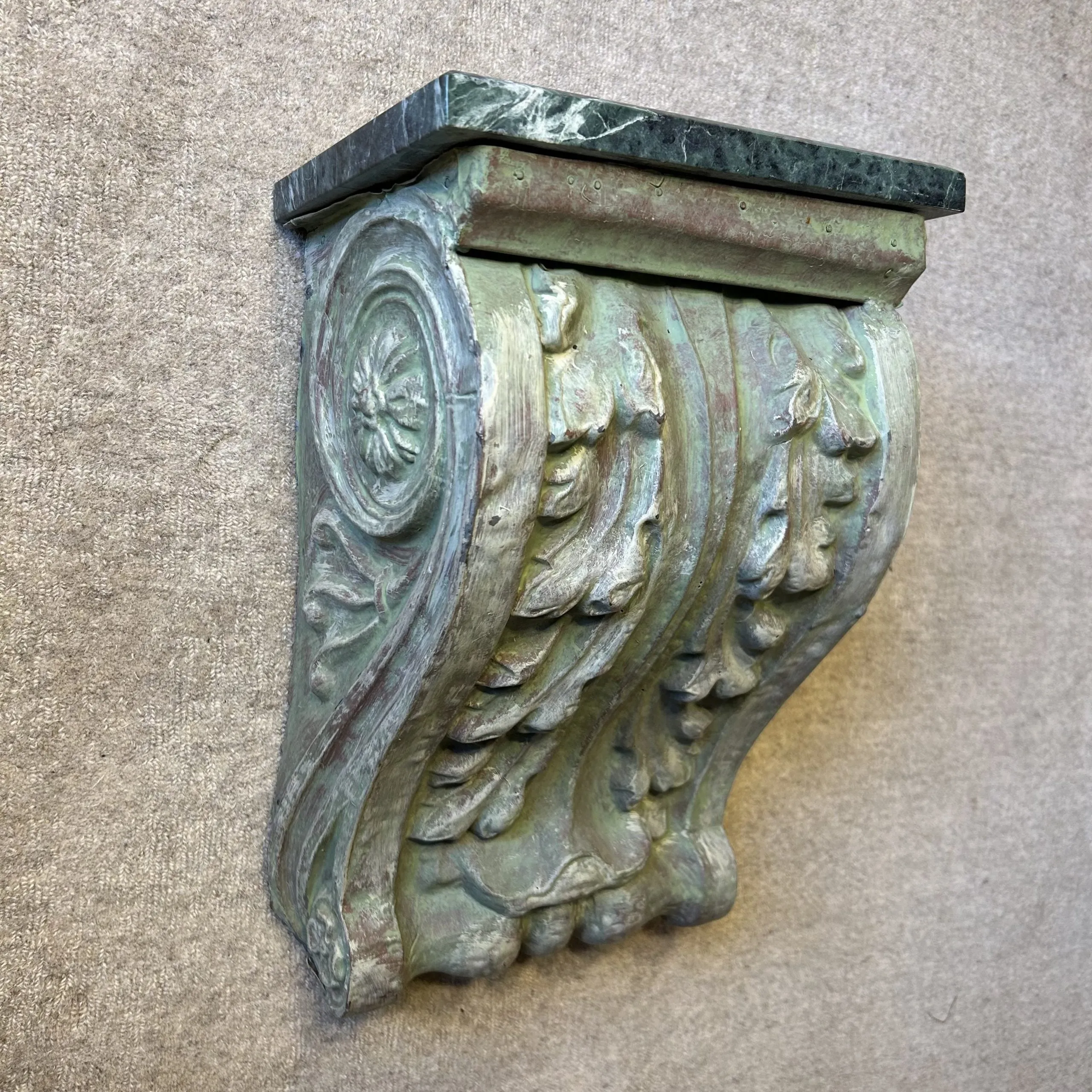 Corbel, Green Stamped Metal with Green Marble Top, Wood Back Frame