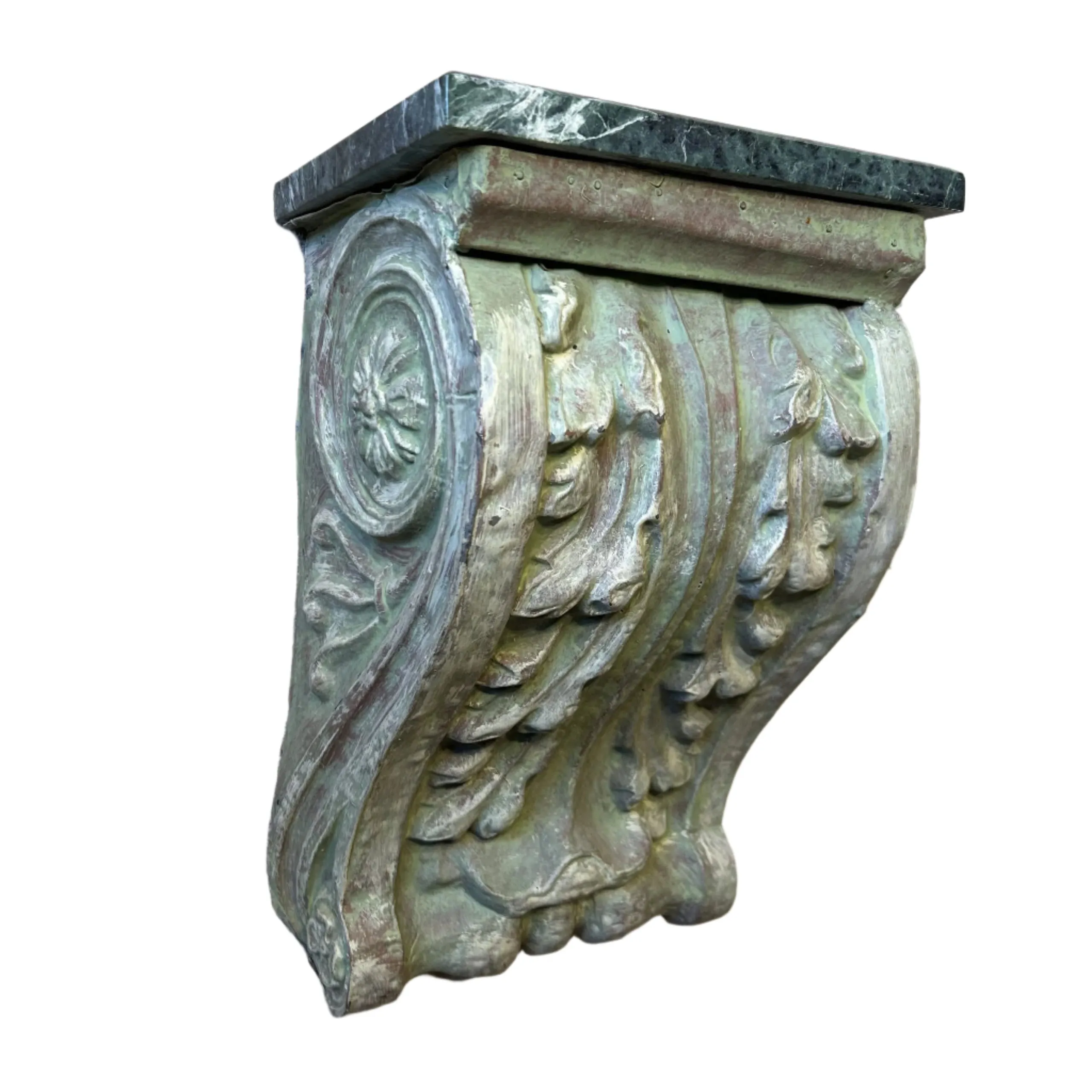 Corbel, Green Stamped Metal with Green Marble Top, Wood Back Frame
