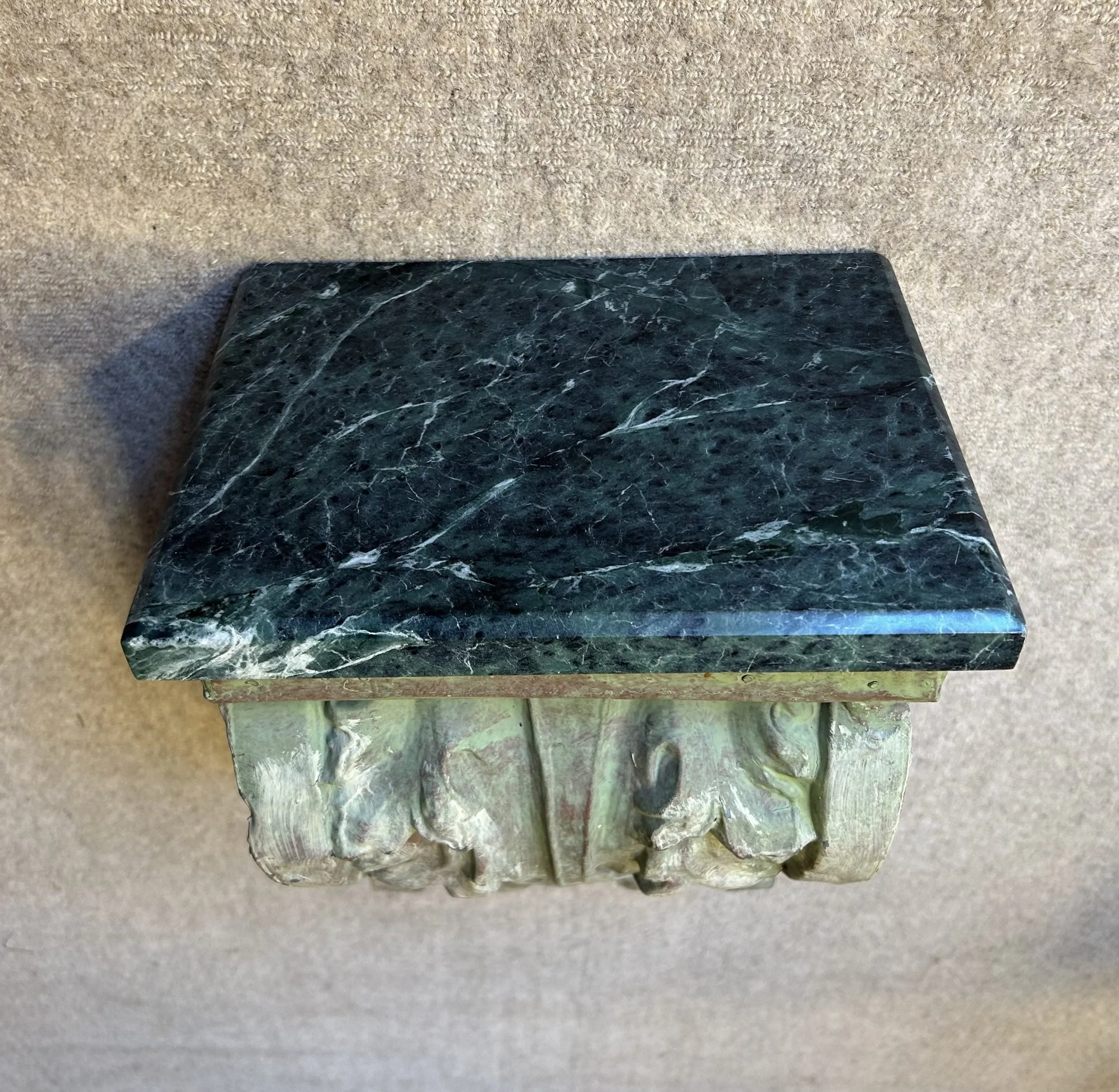 Corbel, Green Stamped Metal with Green Marble Top, Wood Back Frame