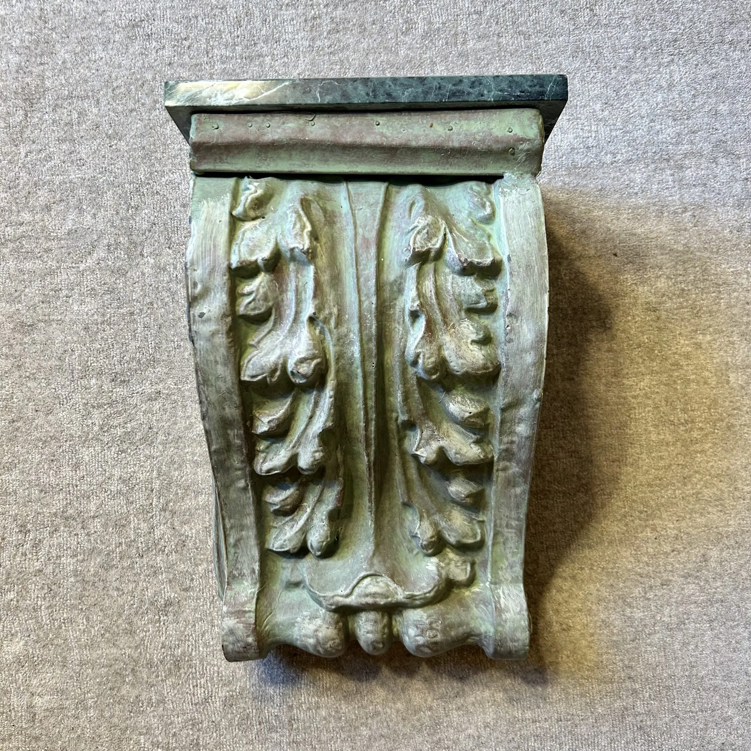 Corbel, Green Stamped Metal with Green Marble Top, Wood Back Frame