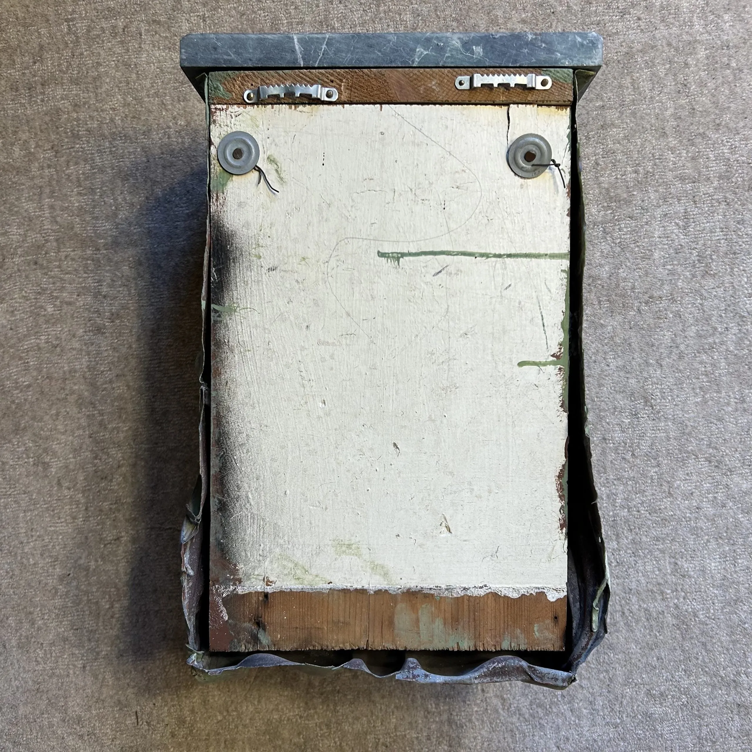 Corbel, Green Stamped Metal with Green Marble Top, Wood Back Frame