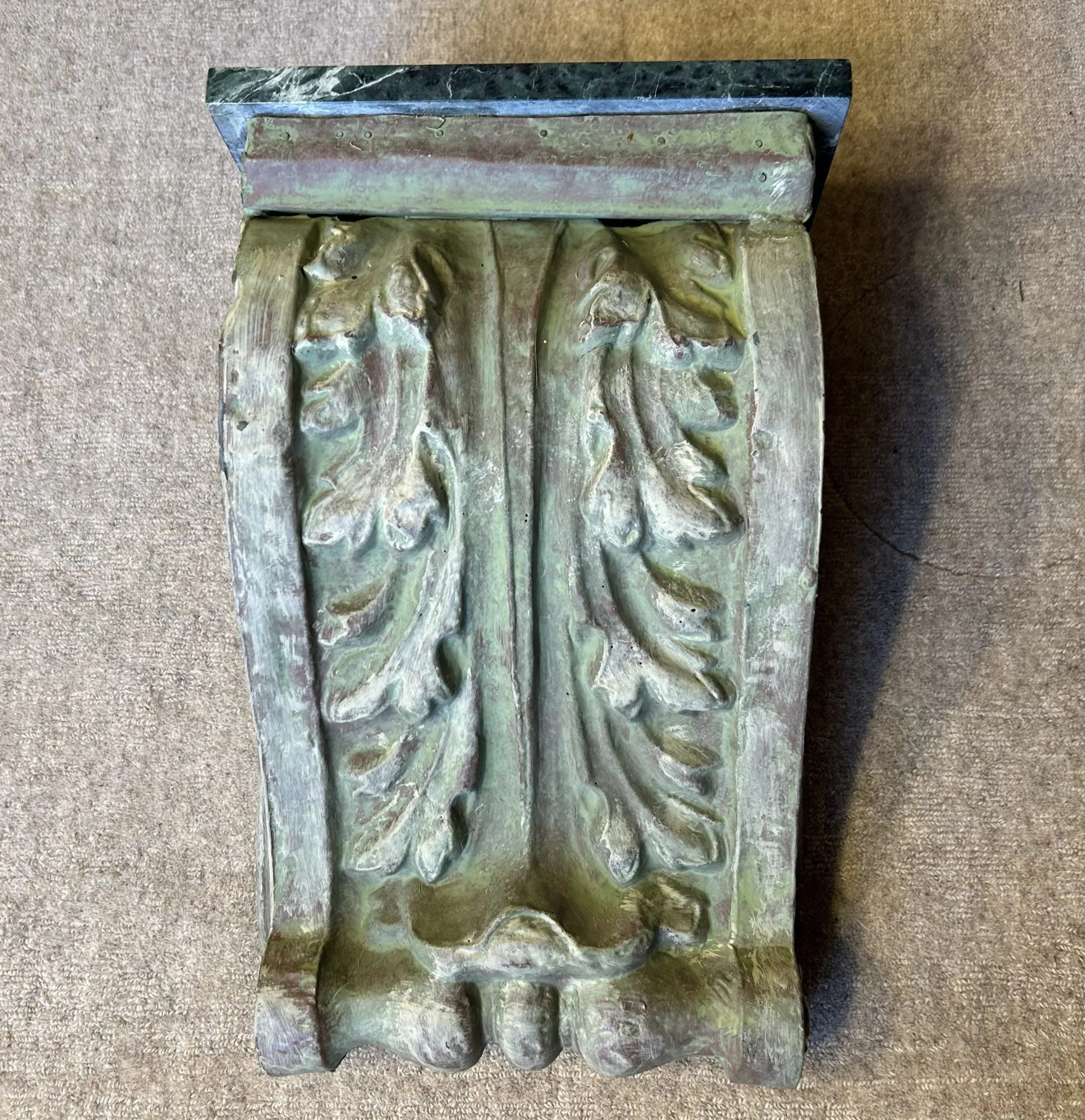 Corbel, Green Stamped Metal with Green Marble Top, Wood Back Frame
