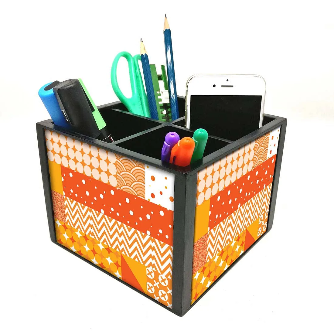 Desk Organizer For Stationery -  CheckBox Pattern Orange