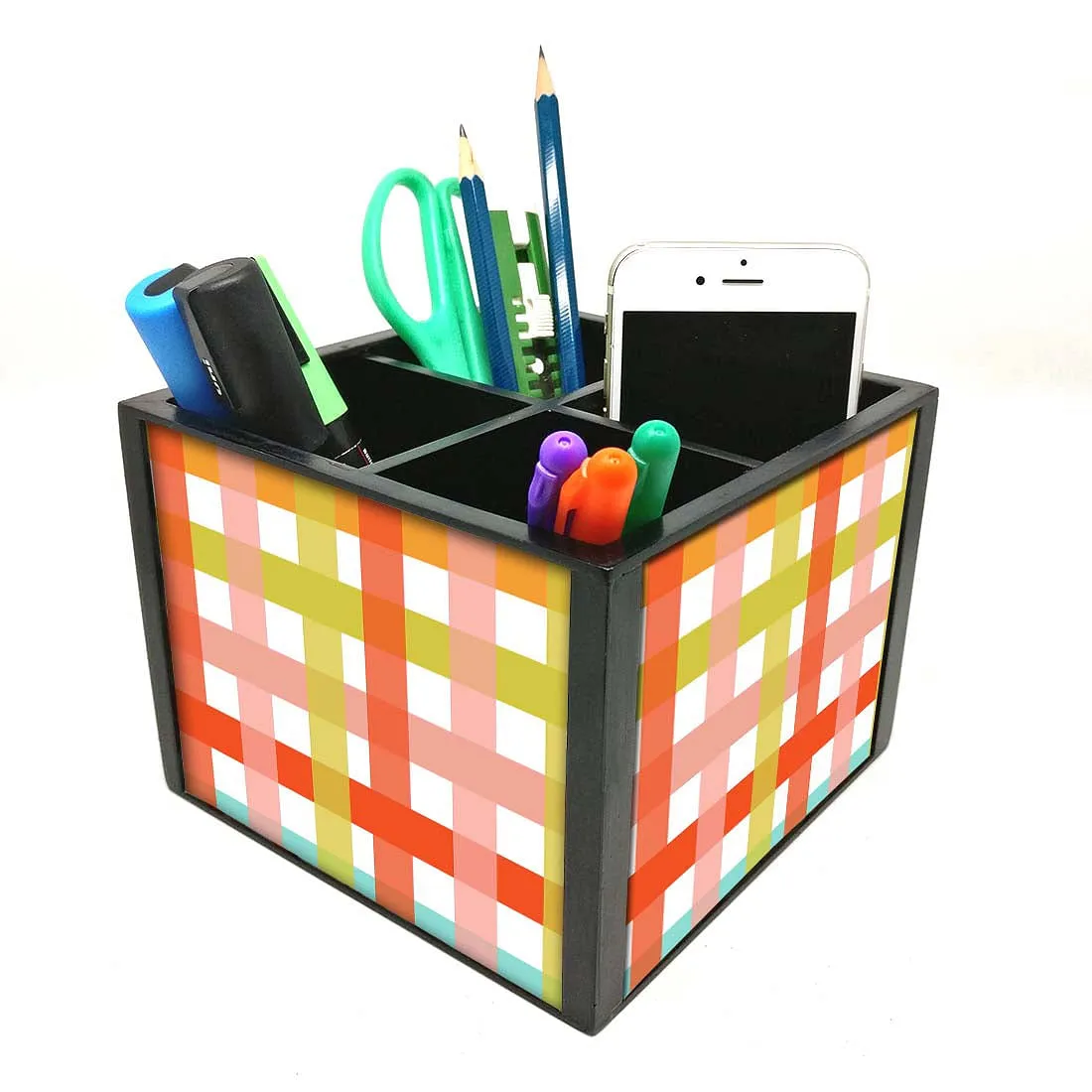 Desk Organizer For Stationery -  Colorful Checks