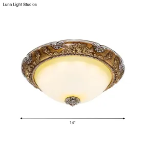 Dome Tan Glass Shade Flush Ceiling Light Fixture, LED Bedroom Lamp in Brown - Traditional Style, 14"/16"/19.5" Width