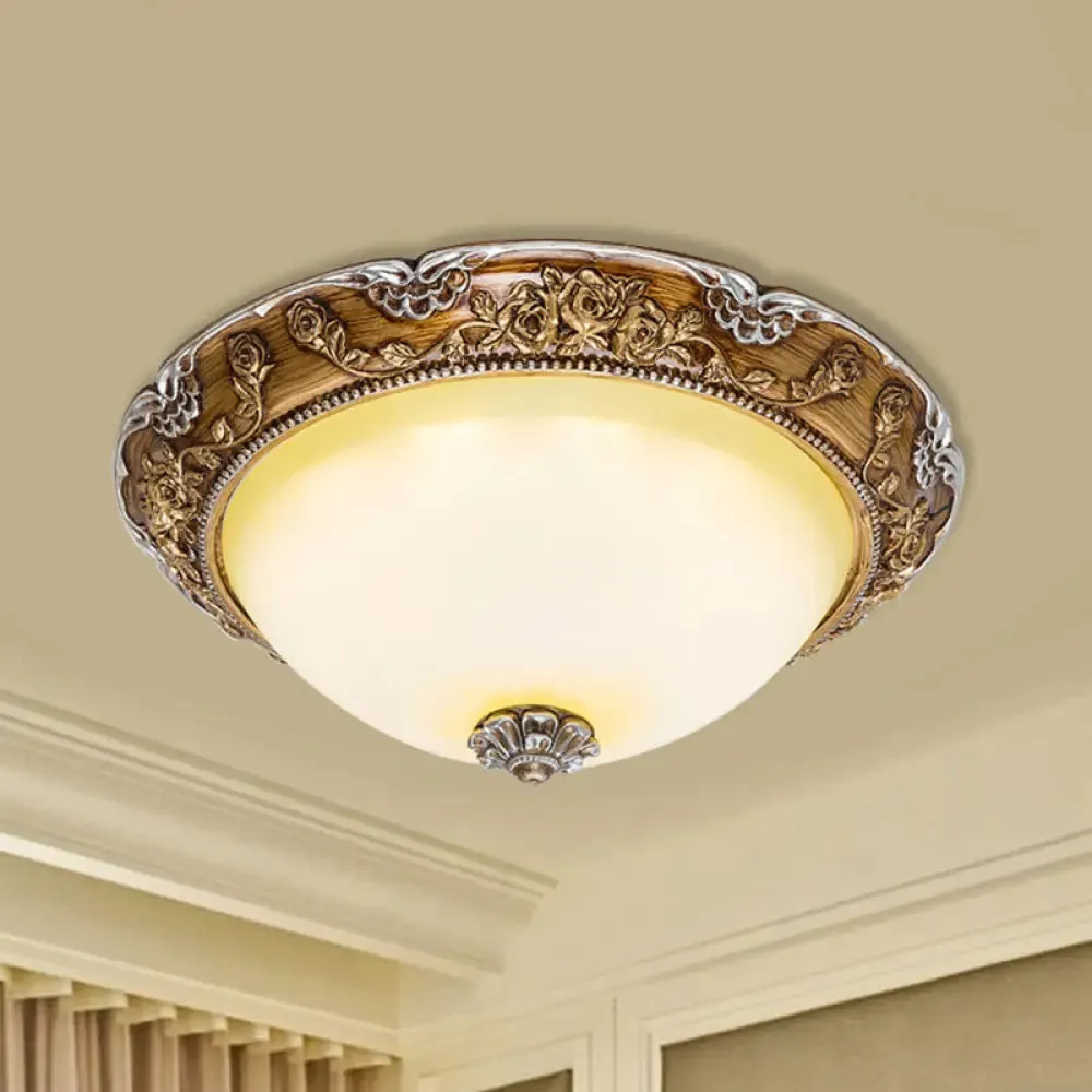 Dome Tan Glass Shade Flush Ceiling Light Fixture, LED Bedroom Lamp in Brown - Traditional Style, 14"/16"/19.5" Width
