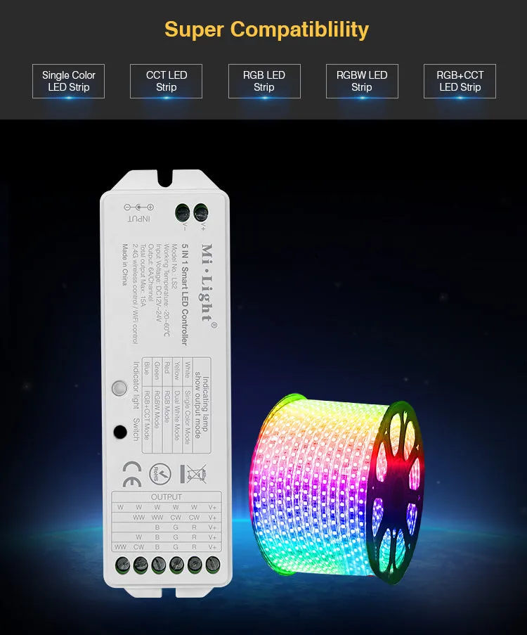FluxTech - 5 In 1 LED Strip Light Controller for Single Colour/ CCT/ RGB/ RGBW/ RGB CCT Strips Light