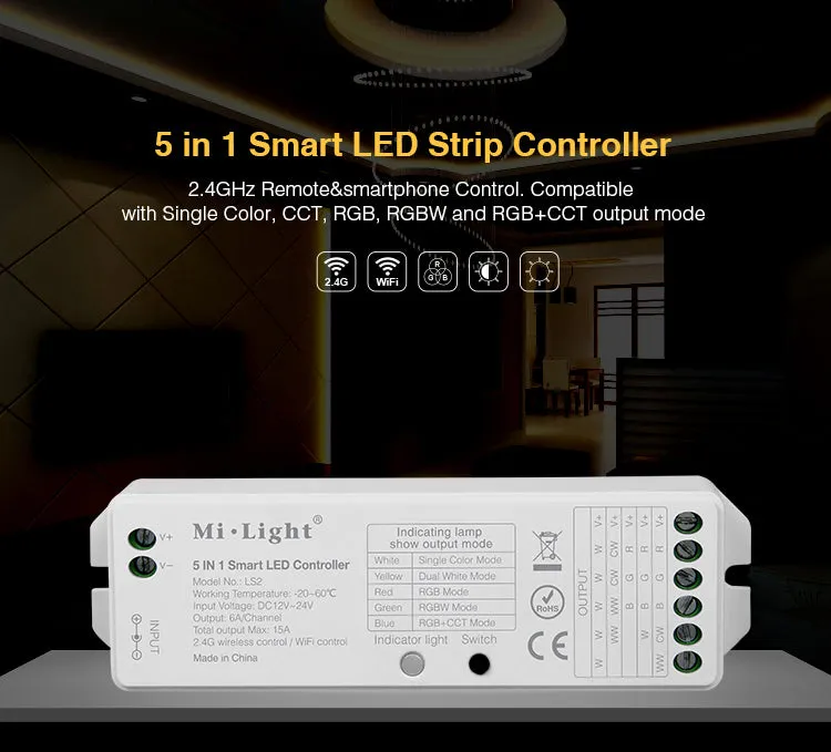 FluxTech - 5 In 1 LED Strip Light Controller for Single Colour/ CCT/ RGB/ RGBW/ RGB CCT Strips Light