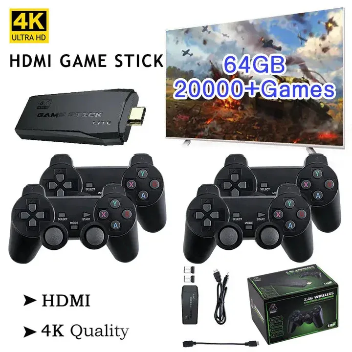 HDMI 4K TV Game Stick Console | 64GB with 20,000  Retro Games & 2 Wireless Gamepads