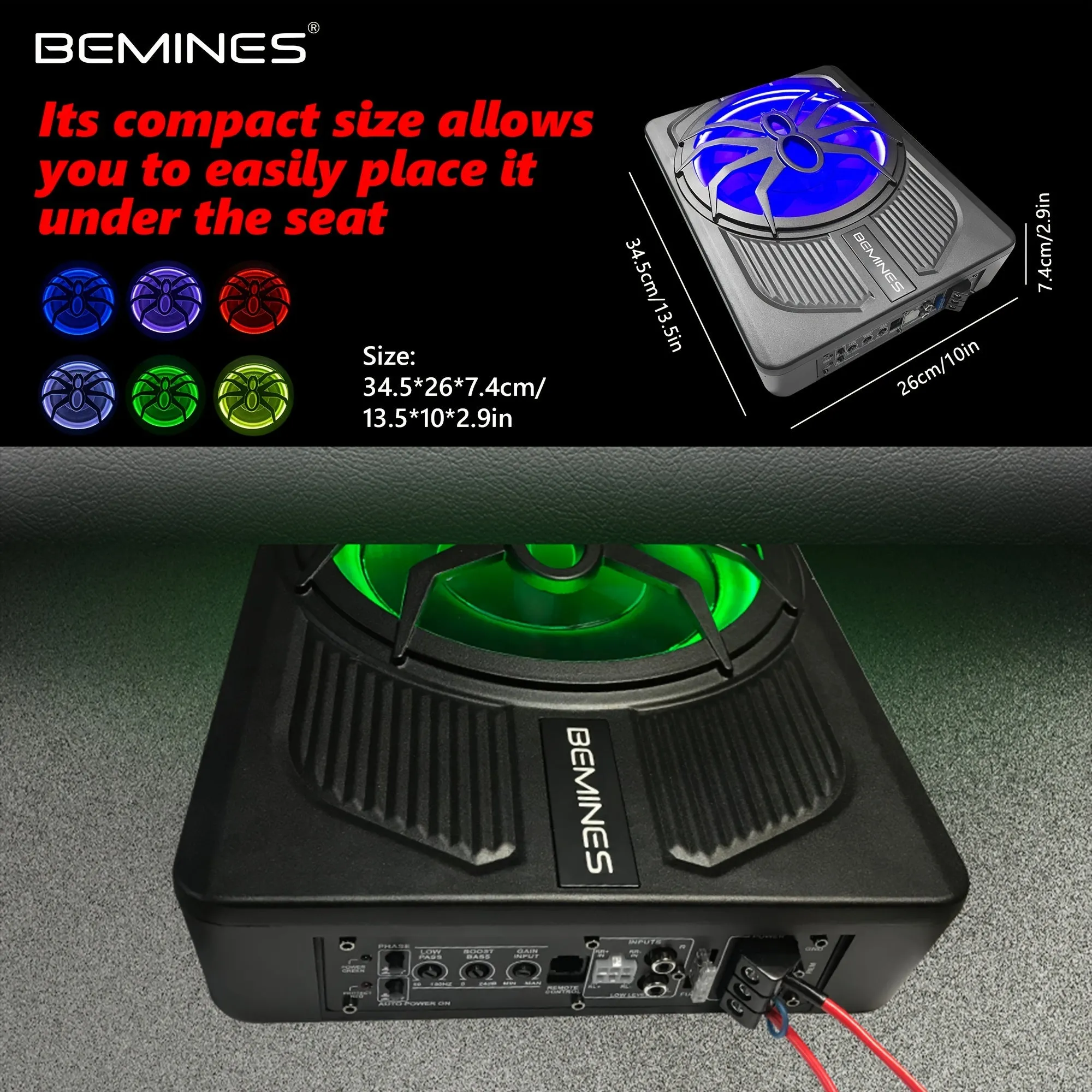 High-power Active Car Subwoofer, Seven Lights Can Be Switched At Will, 10-inch Speaker With Shocking Bass, Ultra-thin Body Can Be Installed Under The Seat