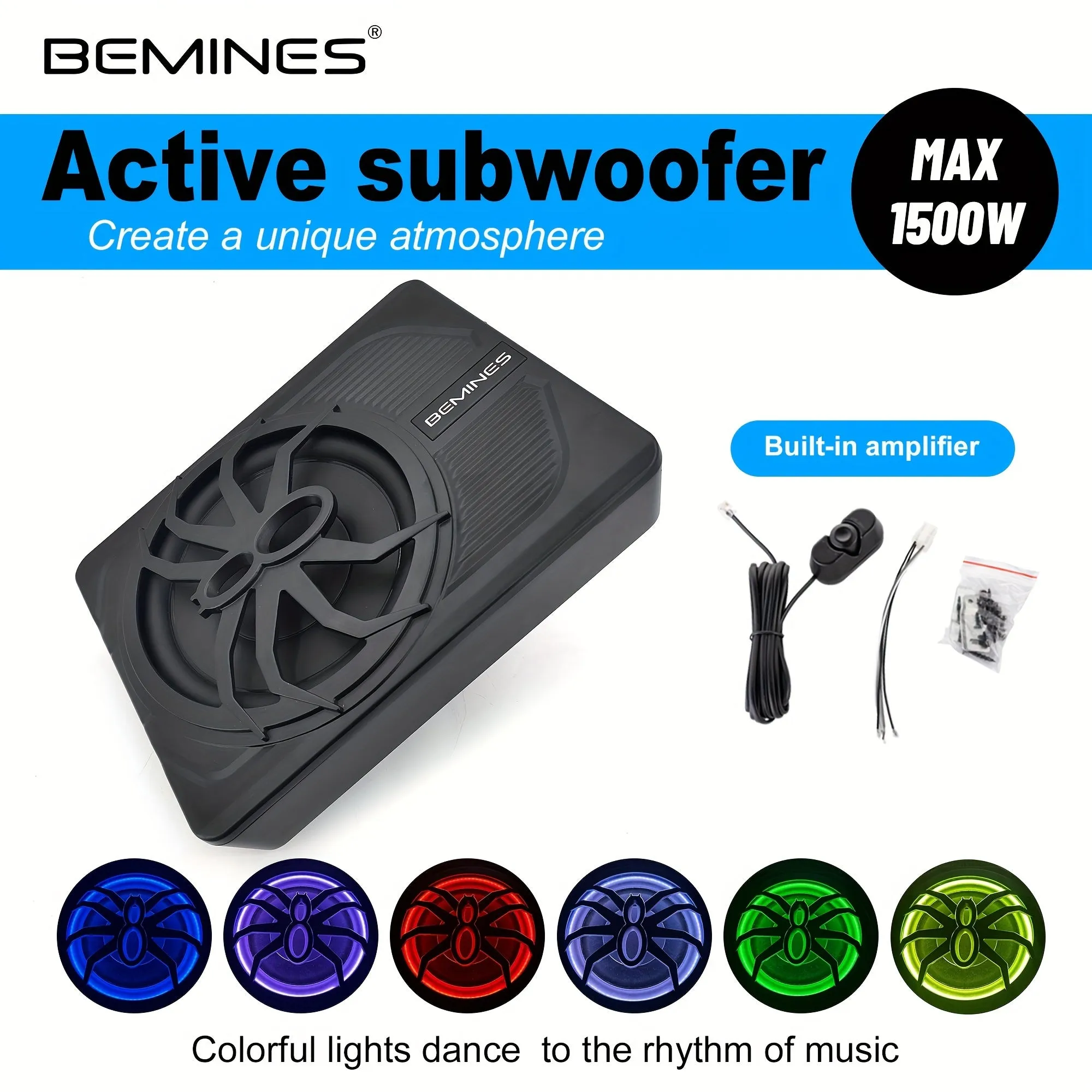 High-power Active Car Subwoofer, Seven Lights Can Be Switched At Will, 10-inch Speaker With Shocking Bass, Ultra-thin Body Can Be Installed Under The Seat