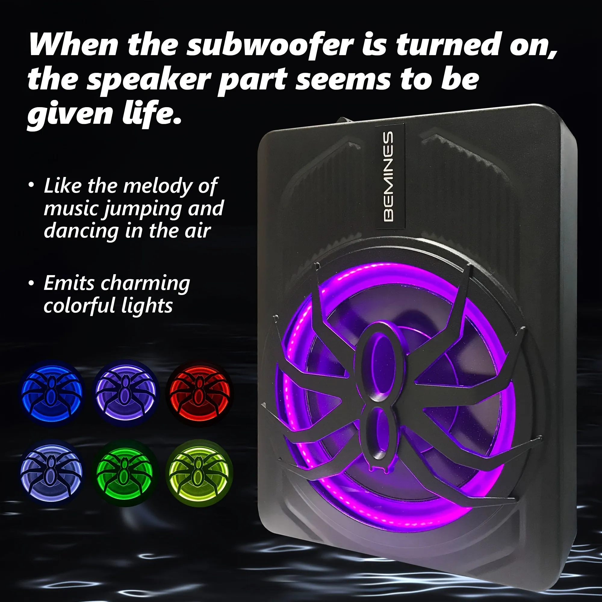 High-power Active Car Subwoofer, Seven Lights Can Be Switched At Will, 10-inch Speaker With Shocking Bass, Ultra-thin Body Can Be Installed Under The Seat