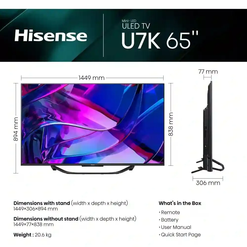 Hisense U7 Series 65U7KQTUK 65" Mini LED 4K Ultra HD Mini-LED Smart TV - Grey