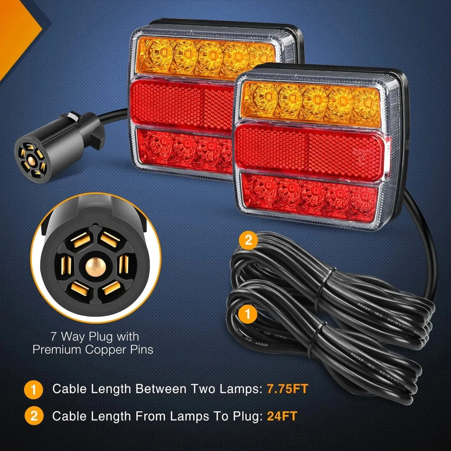 Magnetic LED Trailer Towing Light Kit w/ 7 Pin Plug Tail Stop Amber