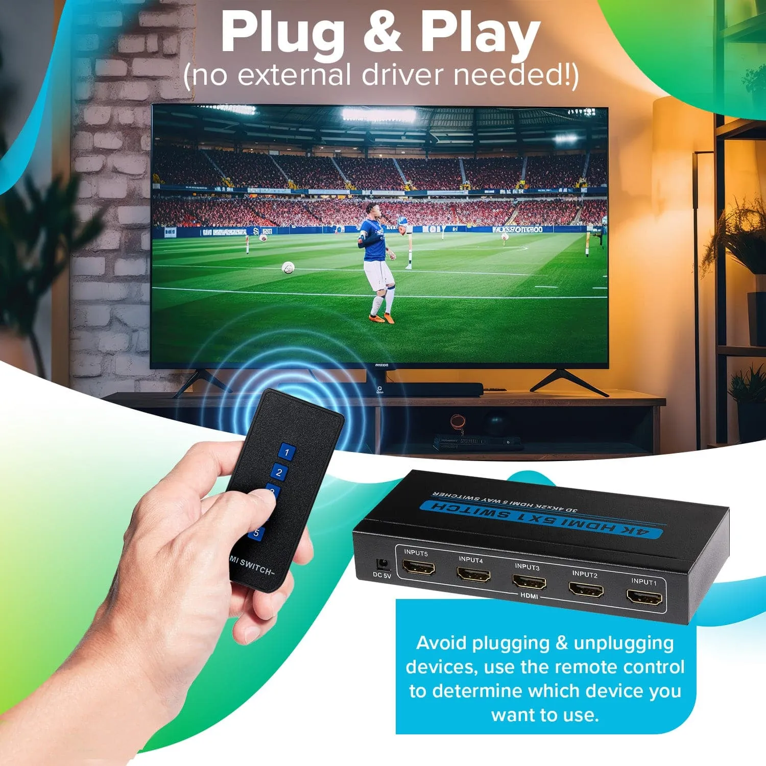 Maplin HDMI Switch 5 Ports In 1 Port Out 4K Ultra HD @30Hz with Remote Control