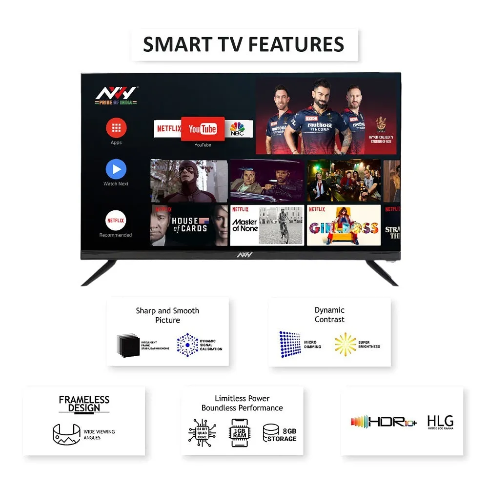 NVY 80 cm (32 inch) HD Ready Smart Frameless LED TV, NVA32SFR1 (Black) (2023 Model)