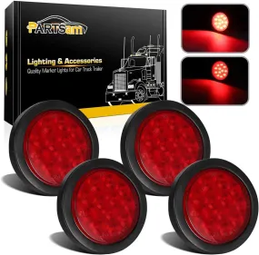 Partsam 4Pcs 4 Inch Round Led Trailer Tail Lights Kit Red 12 LED Waterproof 4" Brake Stop Turn Tail Marker Trailer Lights Sealed Flush Mount for Truck RV Boat UTE UTV 12V Grommet Plug Included