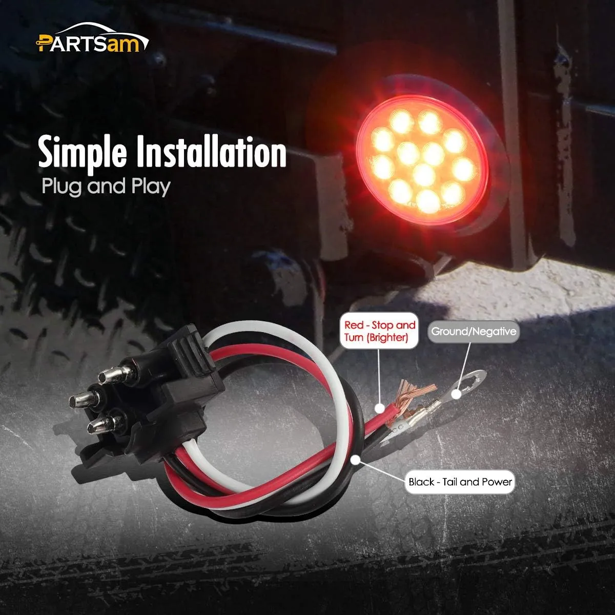 Partsam 4Pcs 4 Inch Round Led Trailer Tail Lights Kit Red 12 LED Waterproof 4" Brake Stop Turn Tail Marker Trailer Lights Sealed Flush Mount for Truck RV Boat UTE UTV 12V Grommet Plug Included