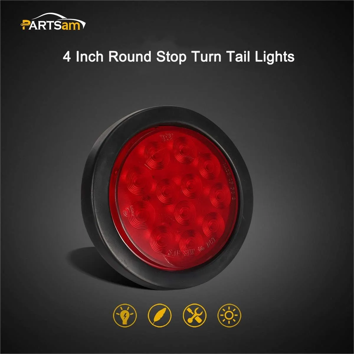 Partsam 4Pcs 4 Inch Round Led Trailer Tail Lights Kit Red 12 LED Waterproof 4" Brake Stop Turn Tail Marker Trailer Lights Sealed Flush Mount for Truck RV Boat UTE UTV 12V Grommet Plug Included